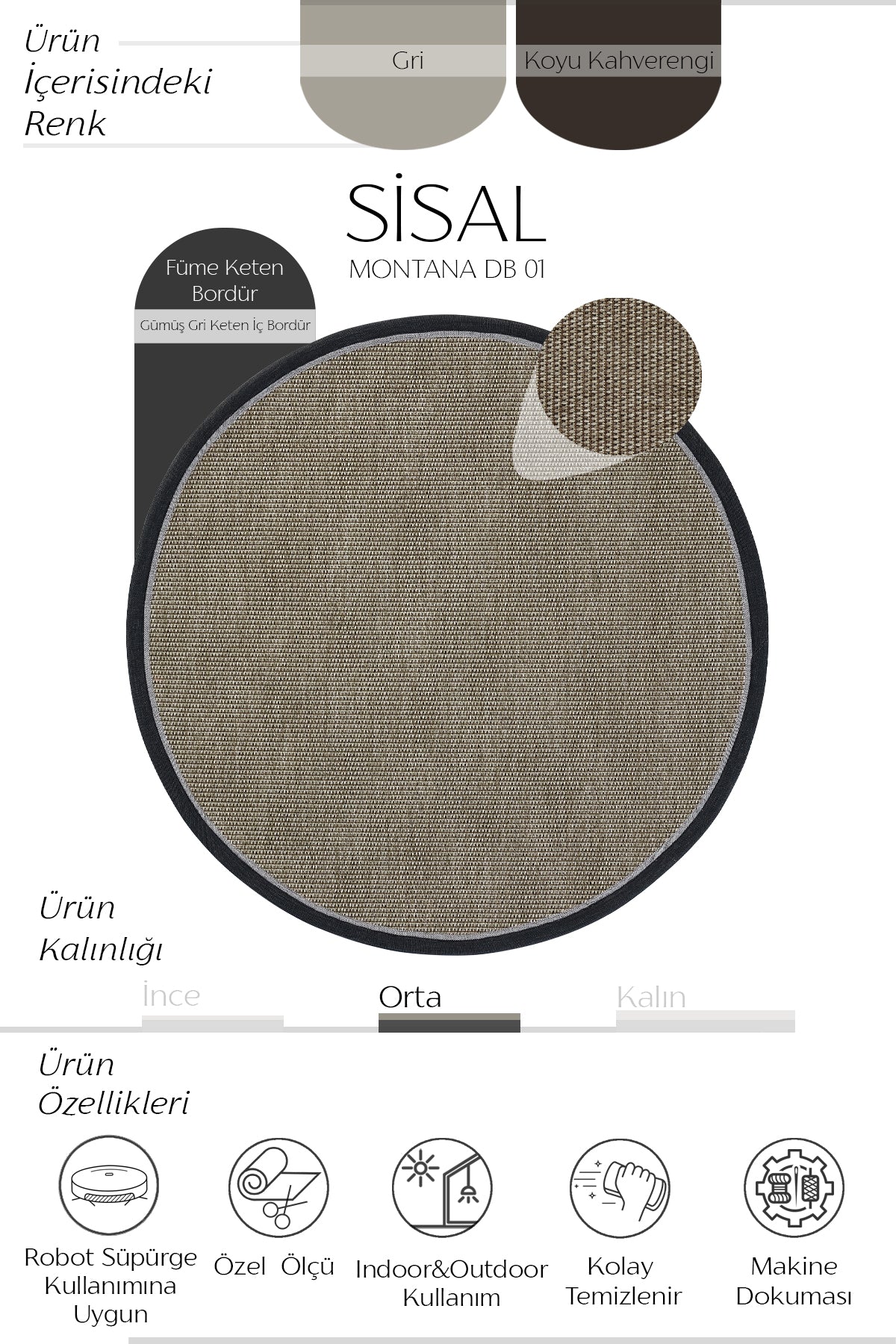 Sisalart Montana Keten Monterey Çift Bordür Yuvarlak Sisal Halı