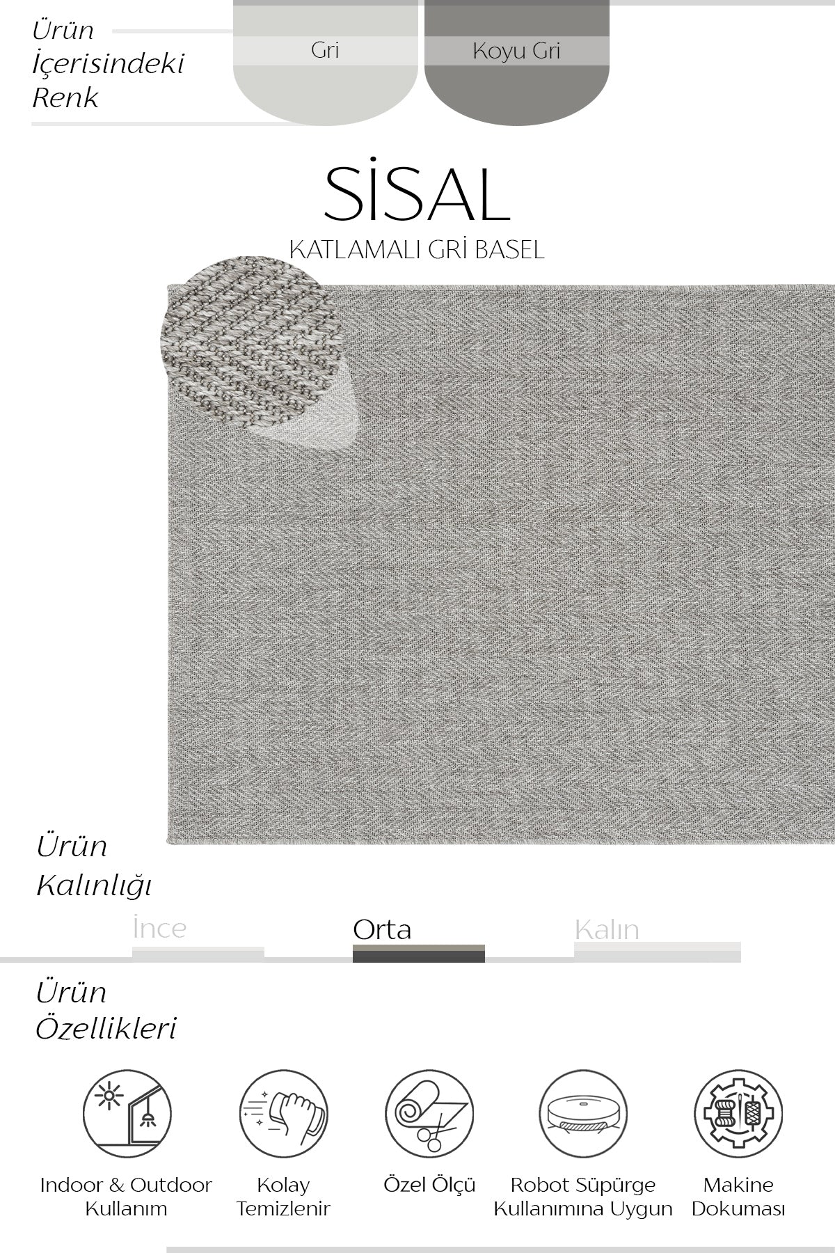 Sisalart Katlamalı Gri Basel Sisal Halı