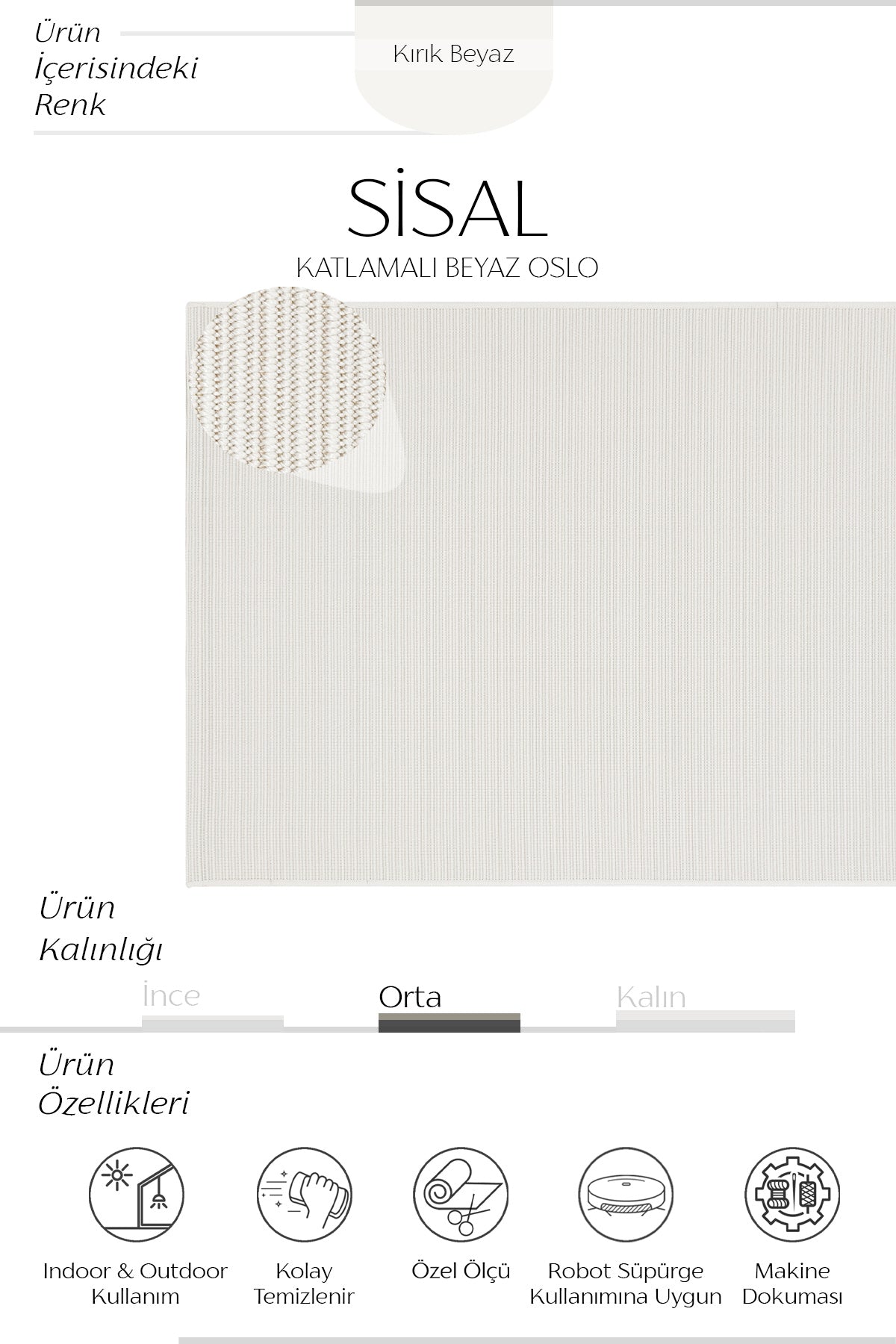 Sisalart Katlamalı Beyaz Oslo Sisal Halı