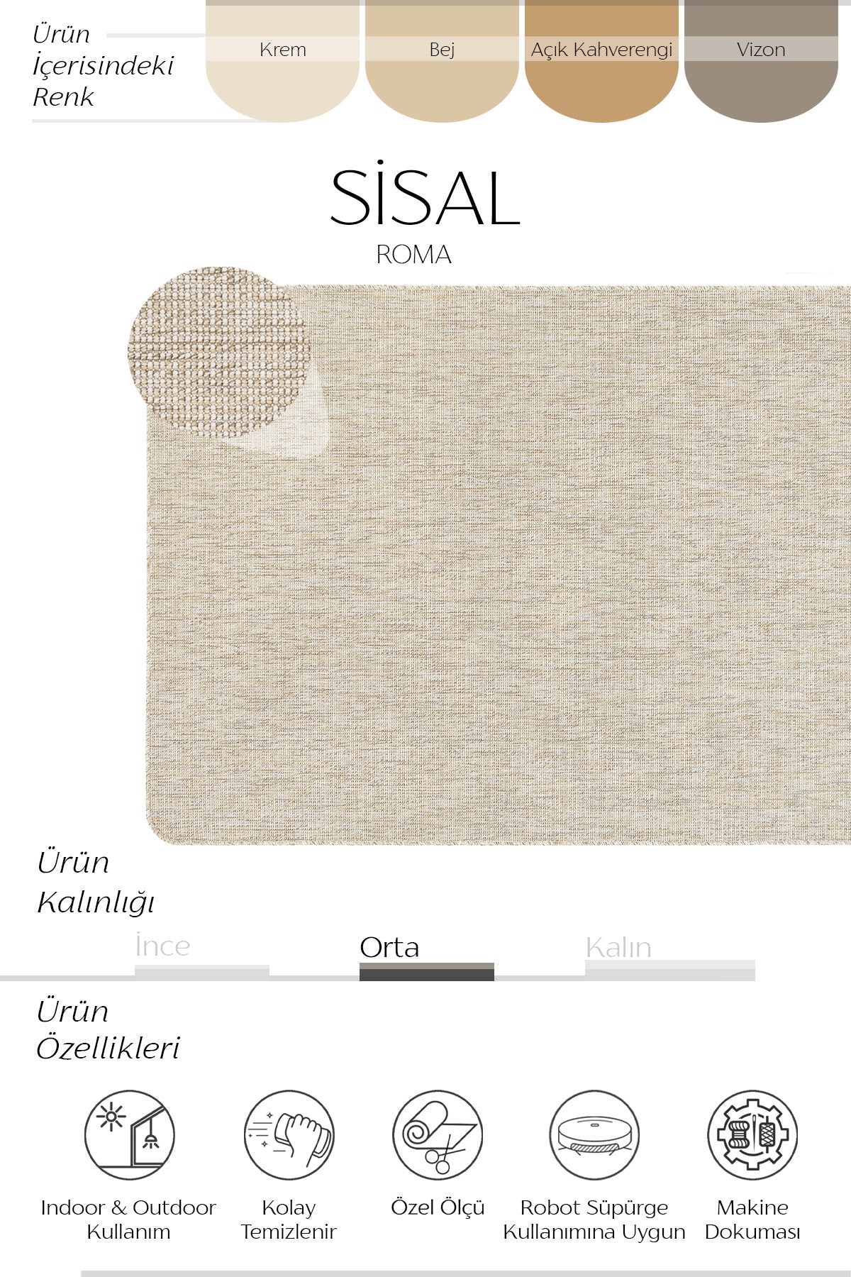 Roma Radius Overloklu Sisal Halı | Sisalart