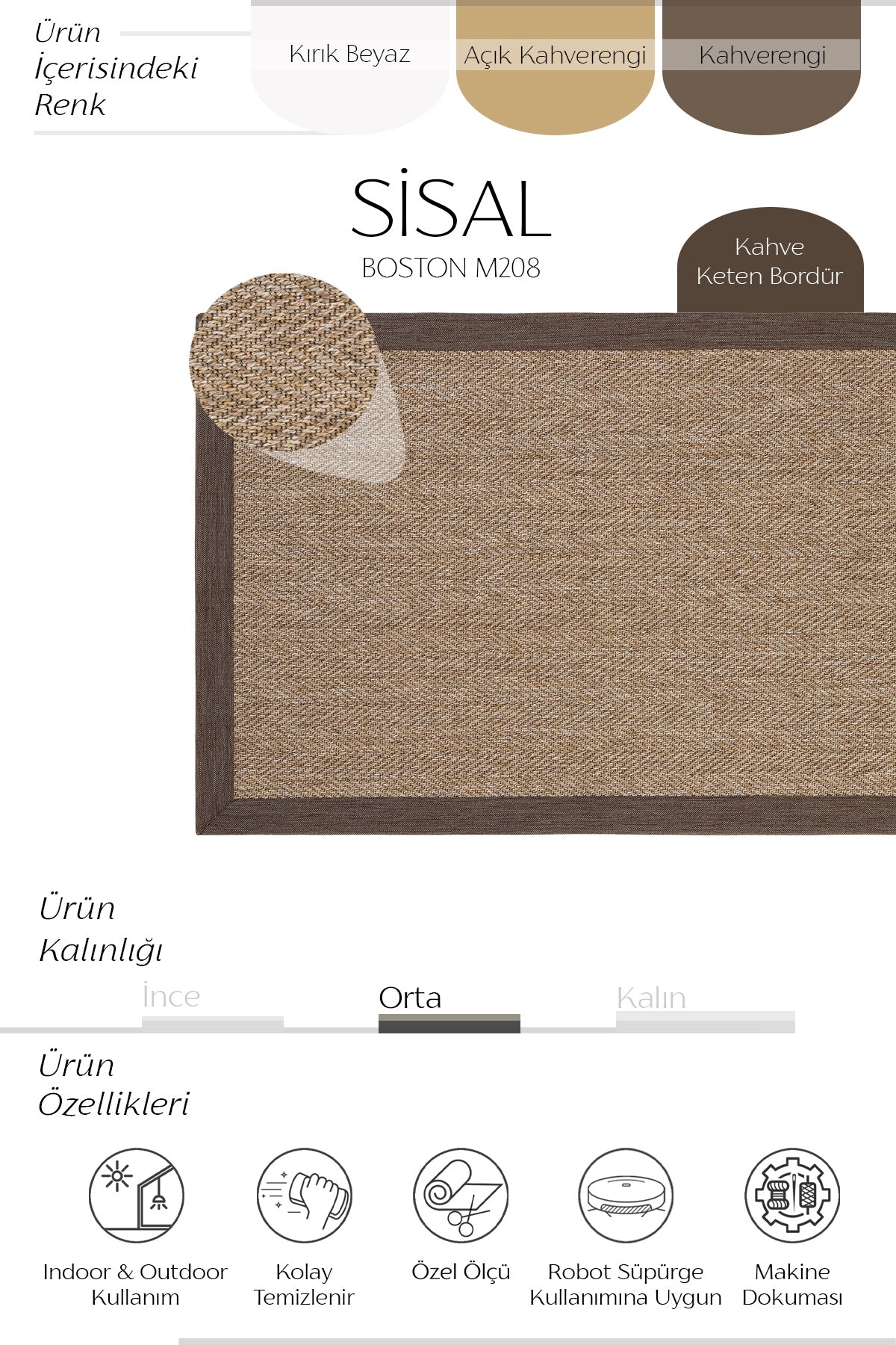 Sisalart Boston Mutfak Halısı Sisal Halı