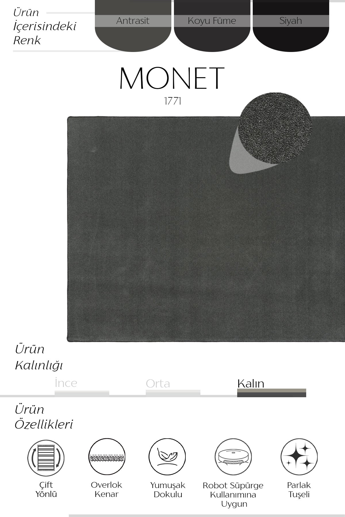 Sisalart Monet 1771 Antrasit Sade Halı