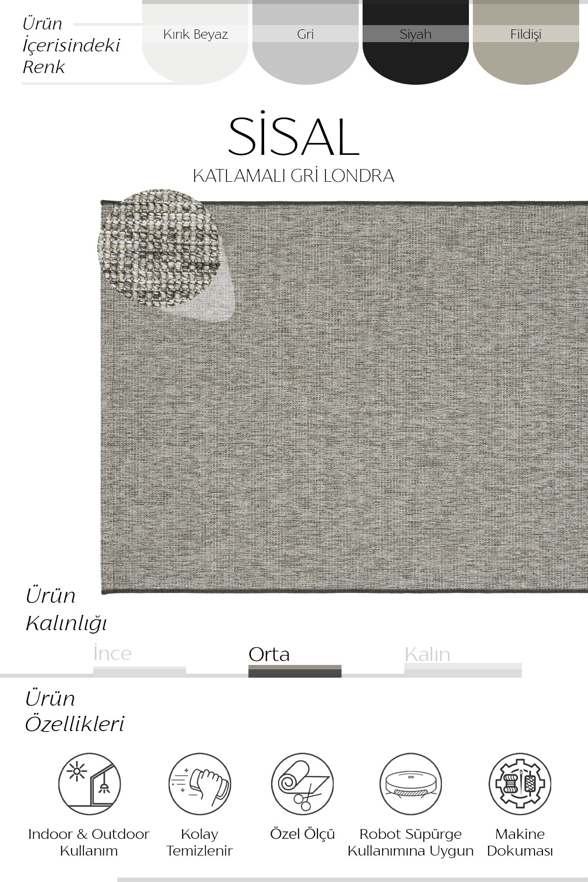 Sisalart Katlamalı Gri Londra Sisal Halı