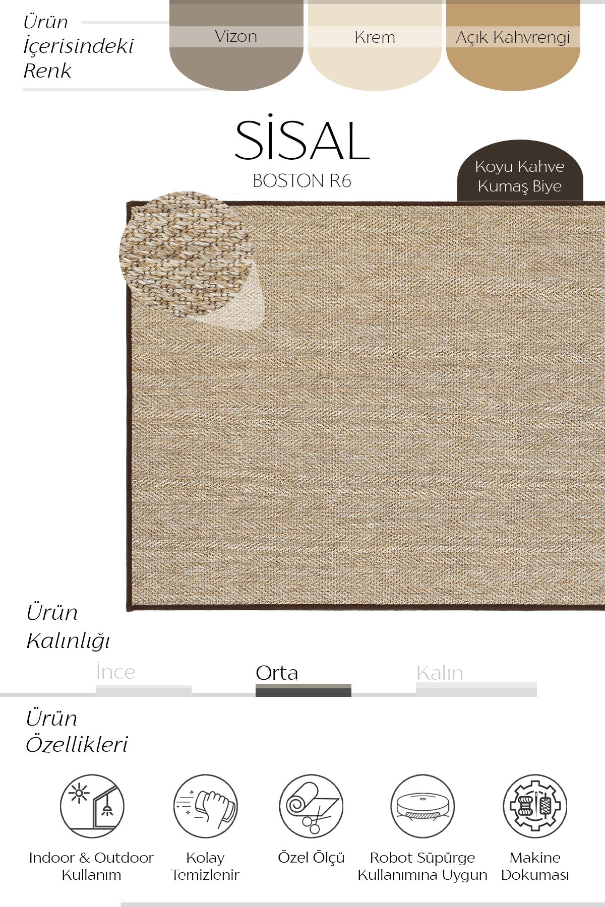 Boston Kahve Biye Bordürlü Sisal Halı | Sisalart - Sisal Halı