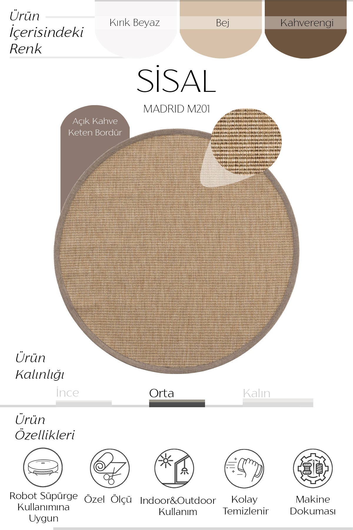 Madrid Keten Bordürlü Yuvarlak Sisal Halı | Sisalart - Sisal Halı