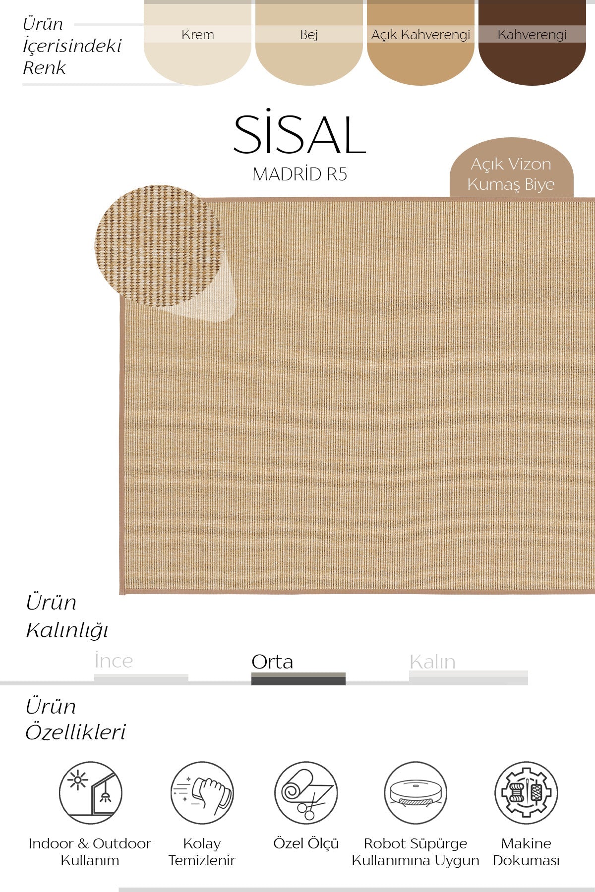 Madrid Vizon Biye Bordürlü Sisal Halı | Sisalart - Sisal Halı