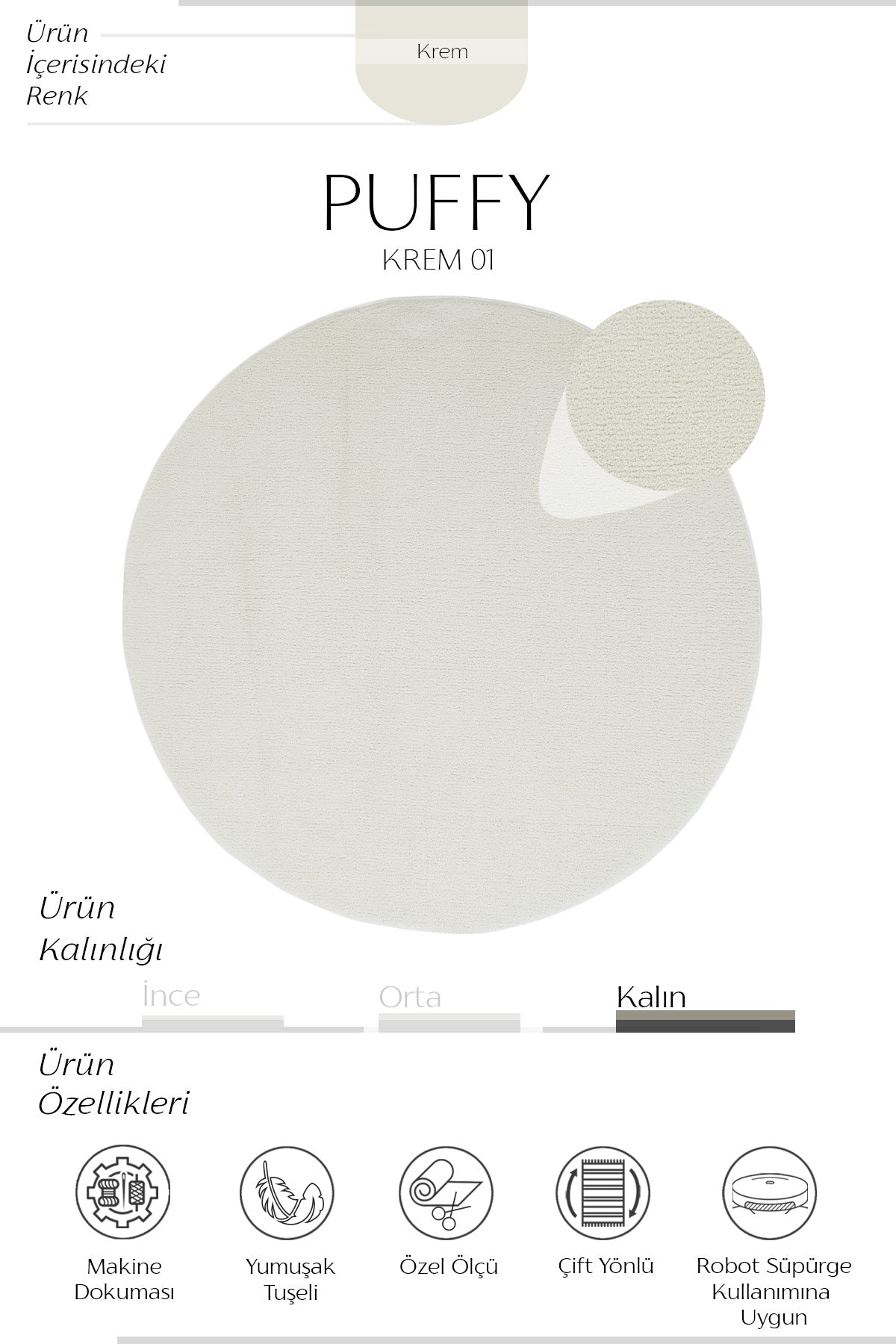 Puffy Yuvarlak Krem Tuft Halı | Sisalart - Sisal Halı