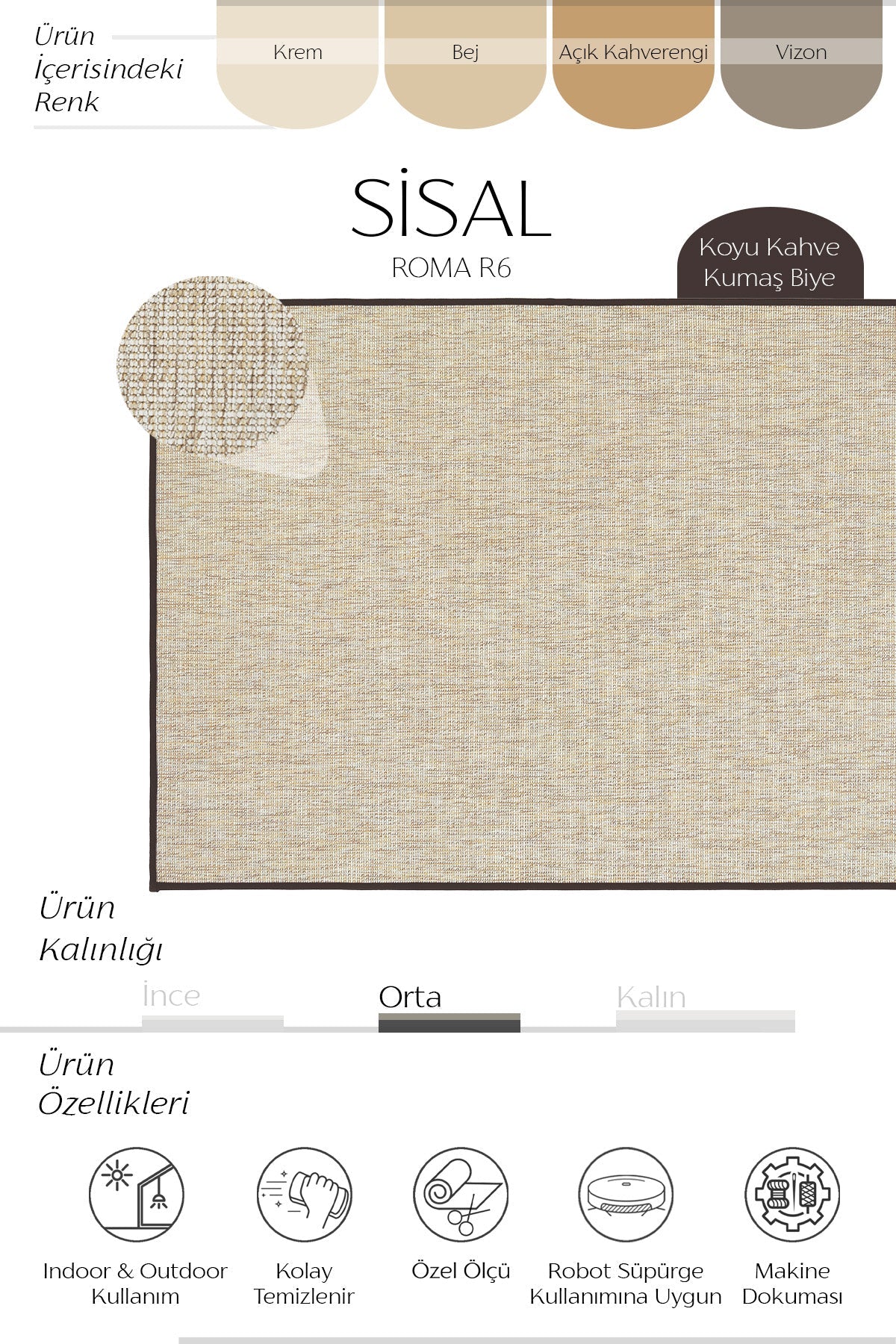 Roma Kahve Biye Bordürlü Sisal Halı | Sisalart - Sisal Halı