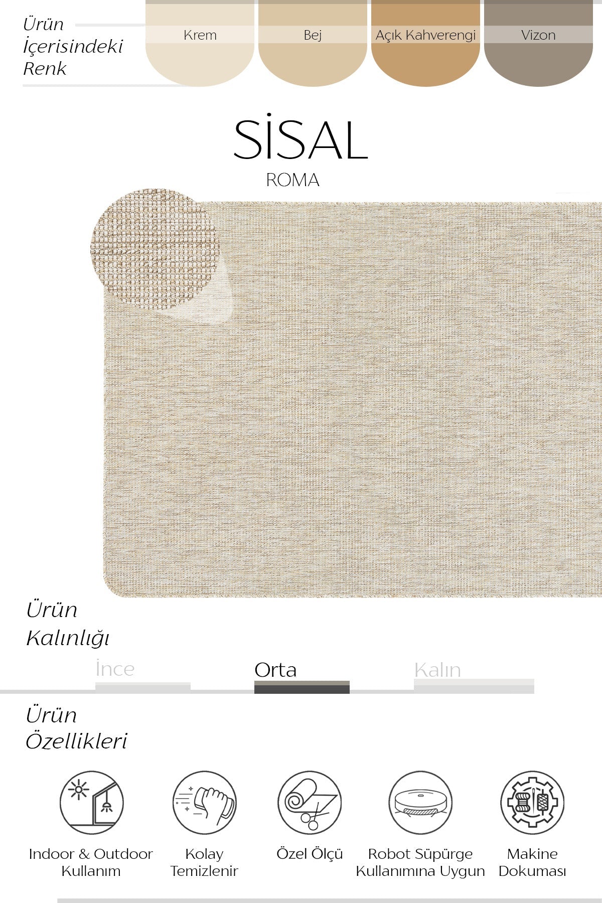 Roma Radius Overloklu Sisal Halı | Sisalart - Sisal Halı