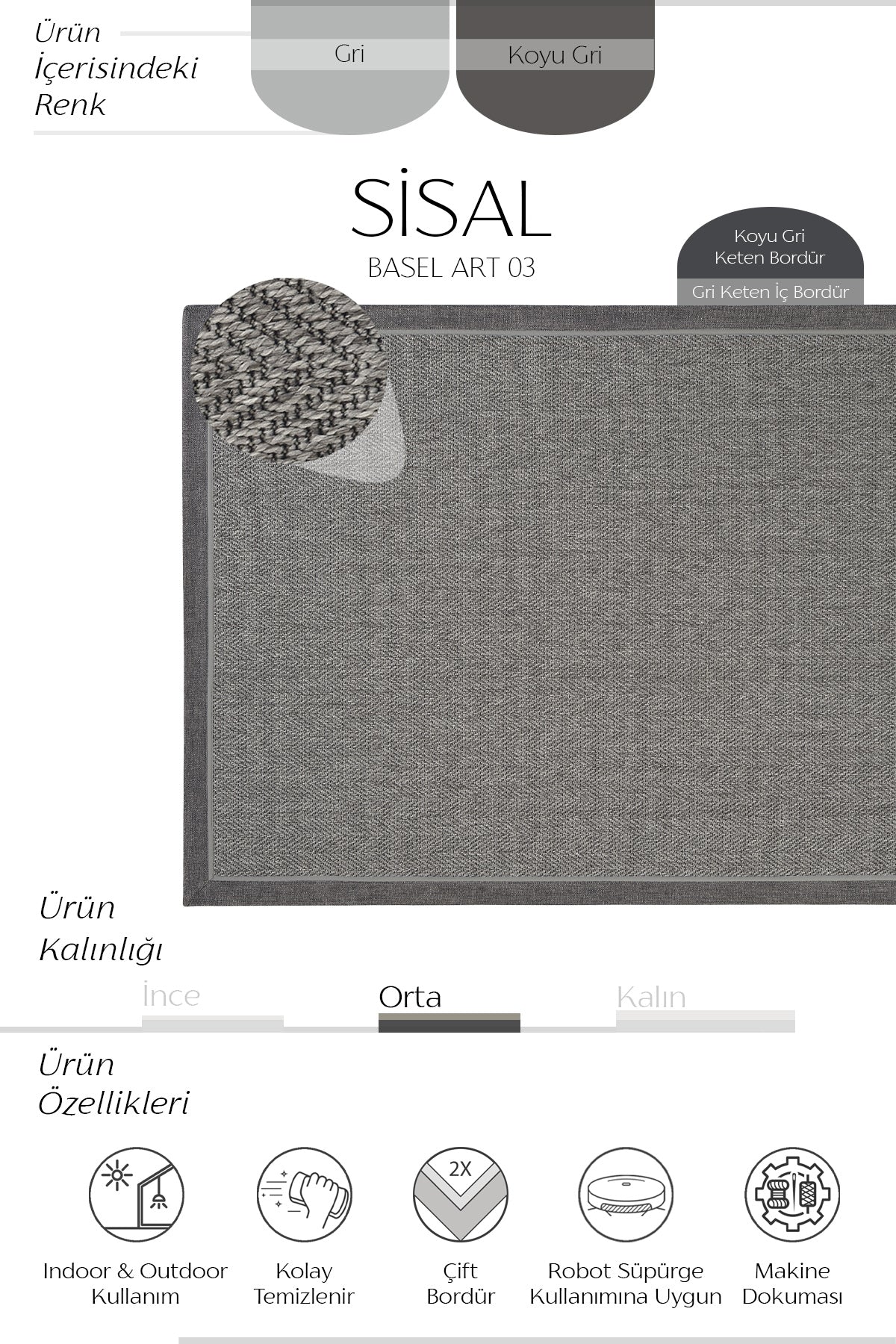 Sisalart Basel Keten Çift Bordür Sisal Halı - Sisal Halı