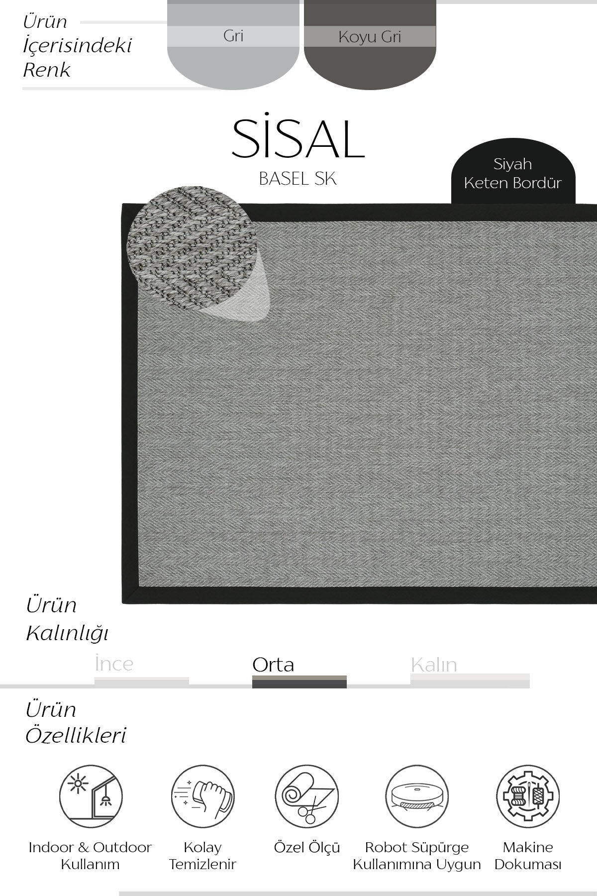 Sisalart Basel Siyah Keten Sisal Halı - Sisal Halı