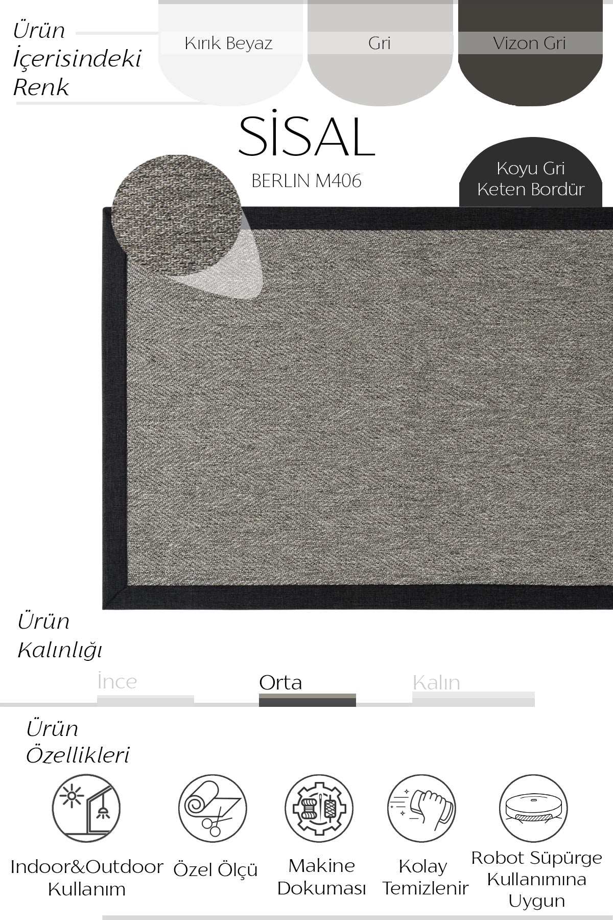 Sisalart Berlin Antrasit Keten Bordür Sisal Halı - Sisal Halı