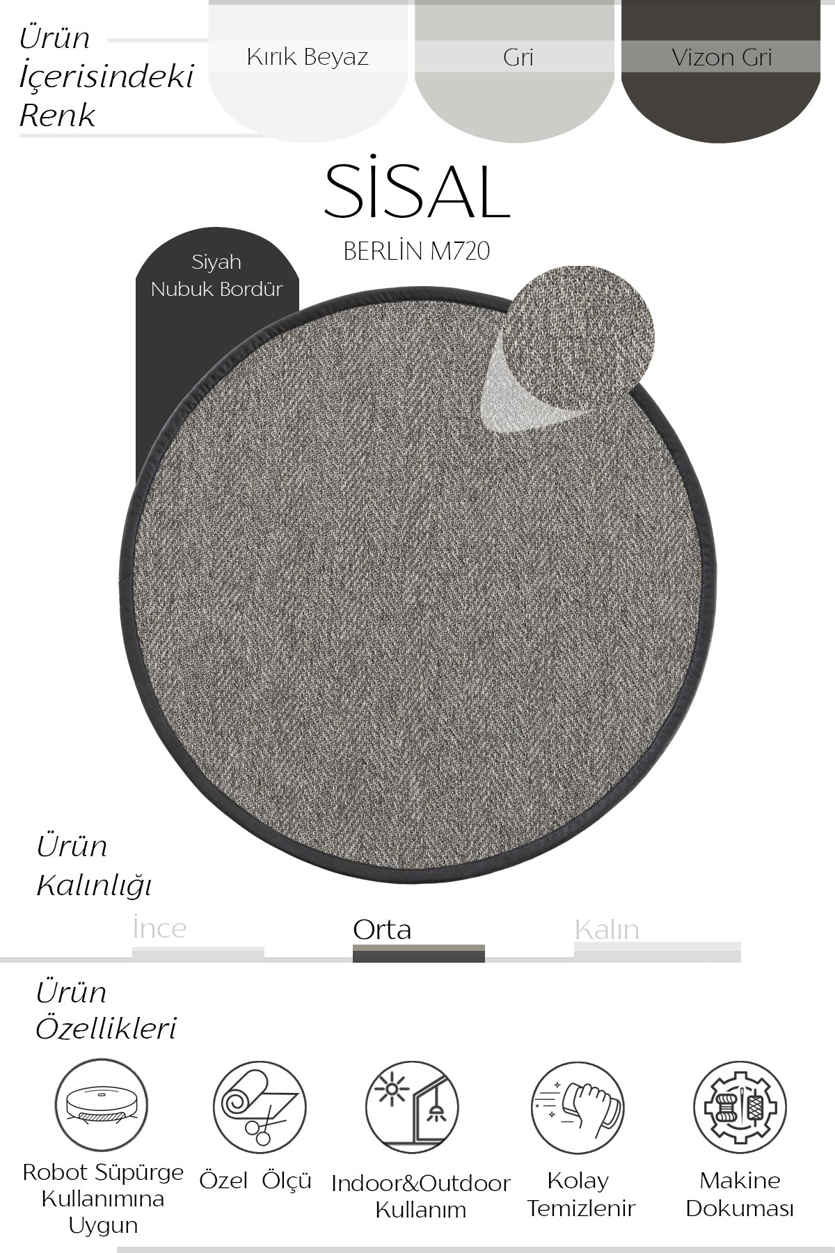 Sisalart Berlin Deri Medusa Bordür Yuvarlak Sisal Halı - Sisal Halı