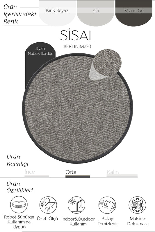 Sisalart Berlin Deri Medusa Bordür Yuvarlak Sisal Halı - Sisal Halı