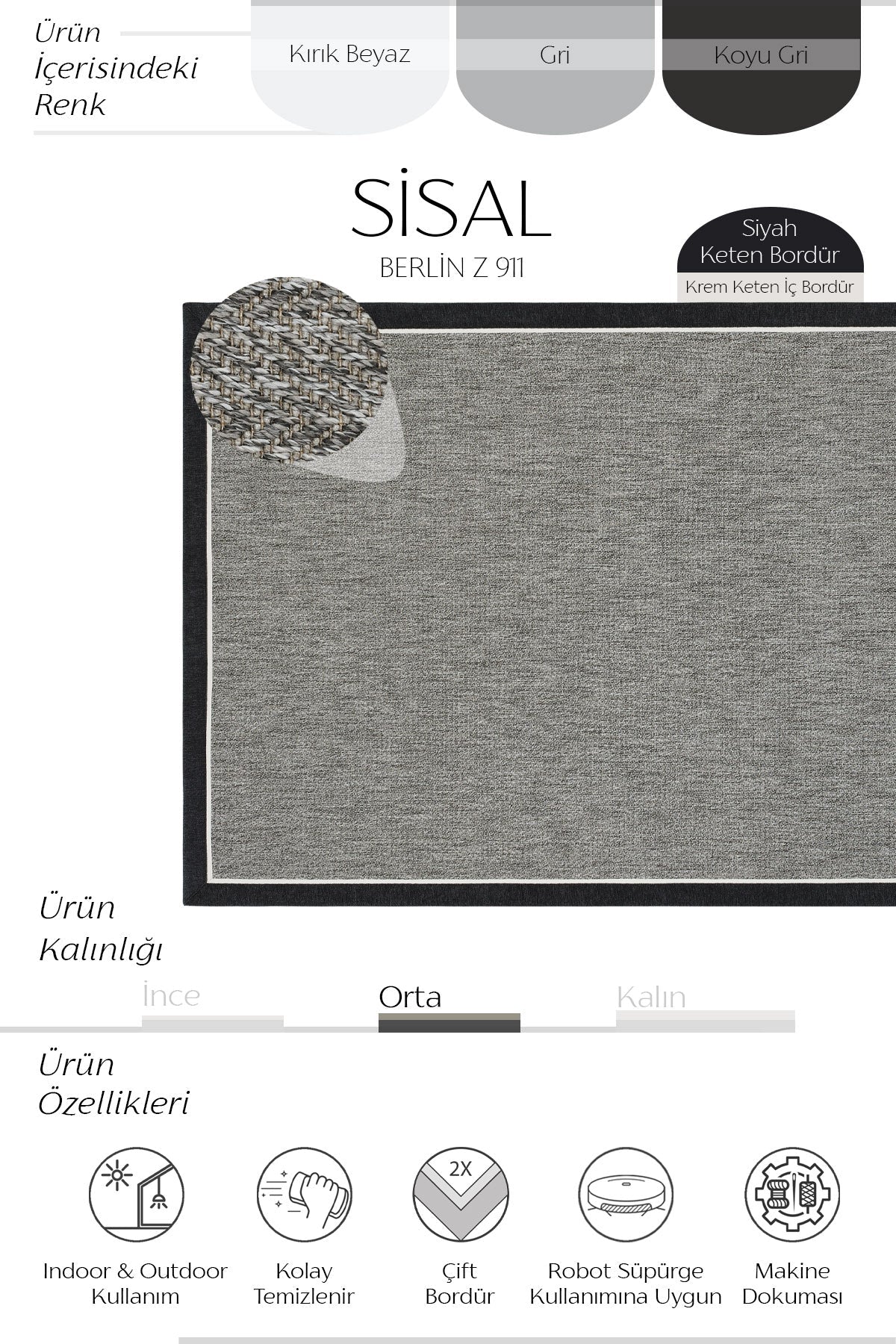 Sisalart Berlin Keten Napoli Çift Bordür Sisal Halı - Sisal Halı