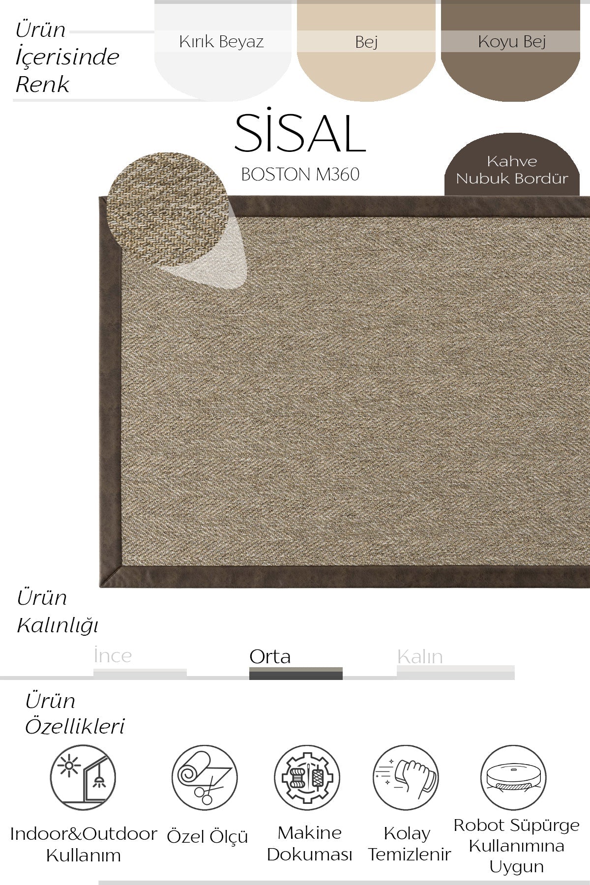 Sisalart Boston Deri Medusa Bordür Sisal Halı - Sisal Halı