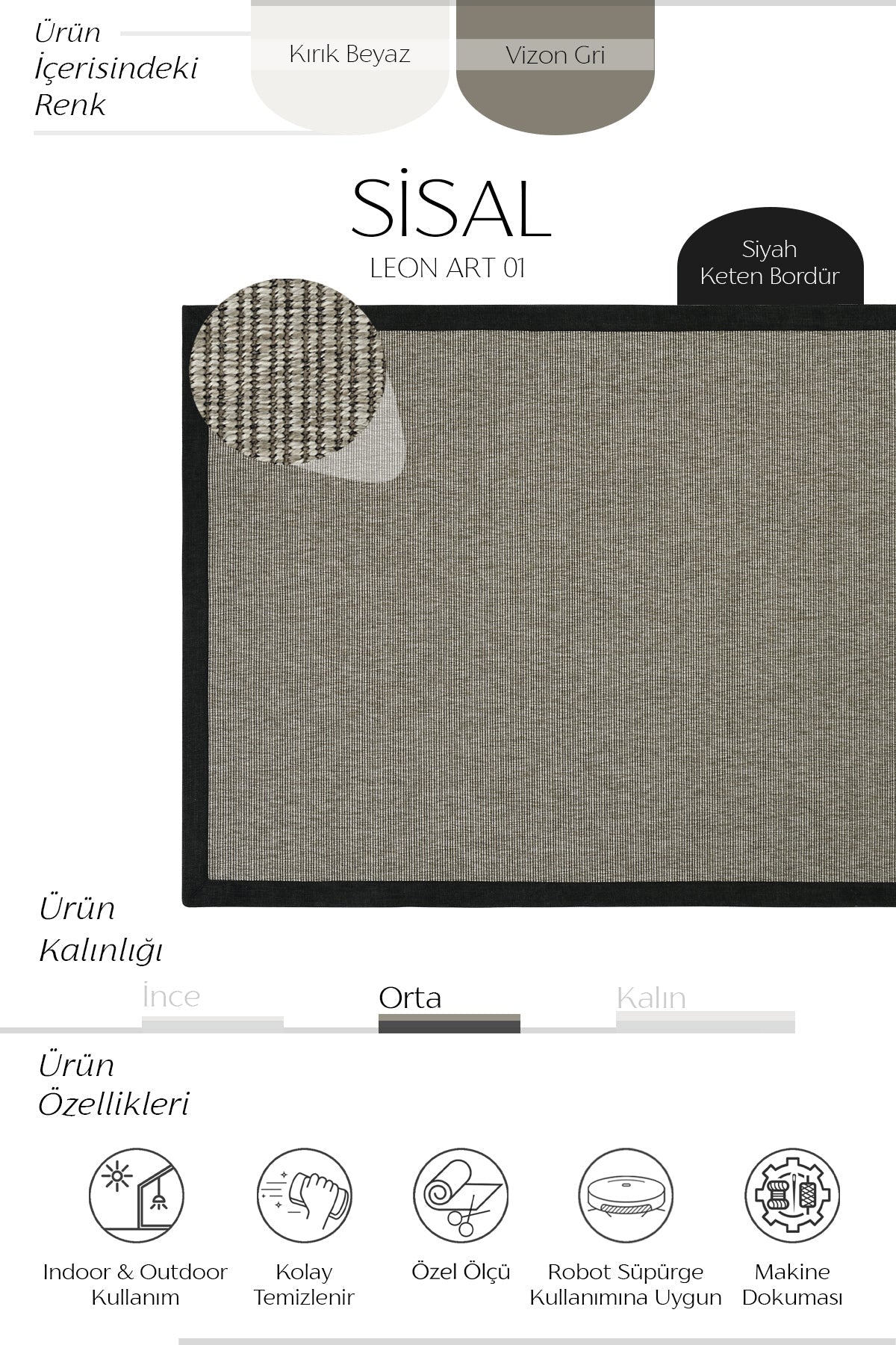 Sisalart Leon Keten Napoli Bordür Sisal Halı - Sisal Halı