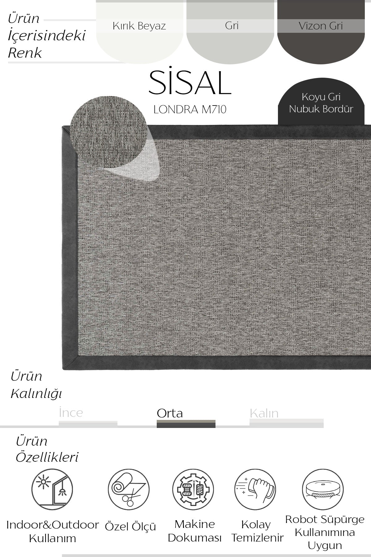 Sisalart Londra Deri Medusa Bordür Sisal Halı - Sisal Halı