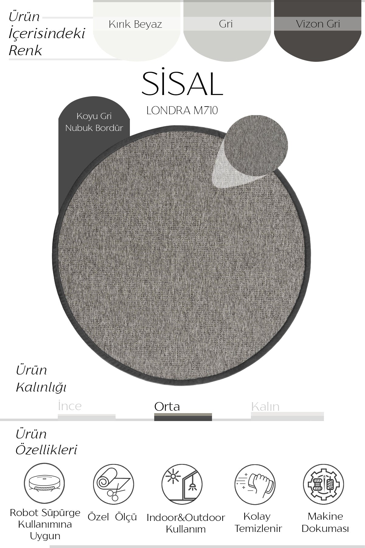 Sisalart Londra Deri Medusa Bordür Yuvarlak Sisal Halı - Sisal Halı