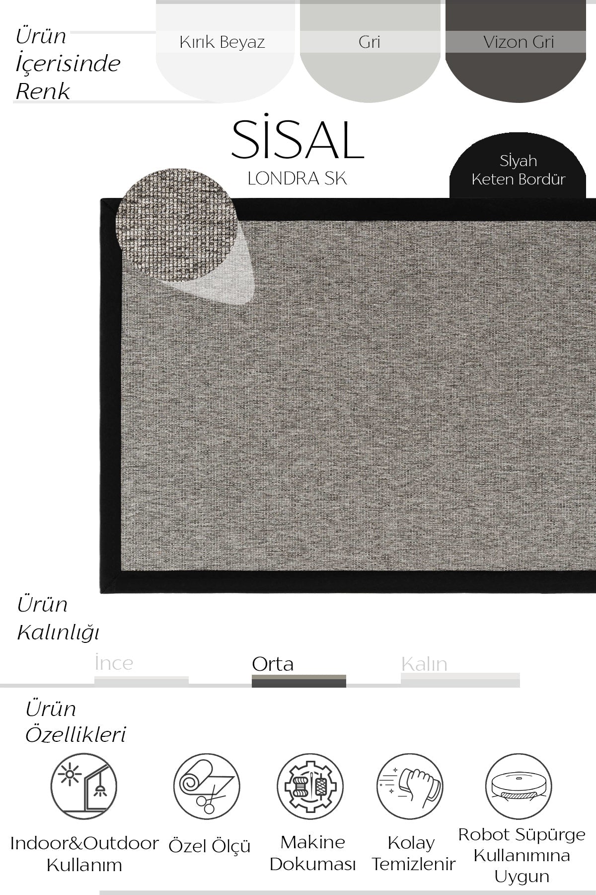 Sisalart Londra Keten Monterey Bordür Sisal Halı - Sisal Halı