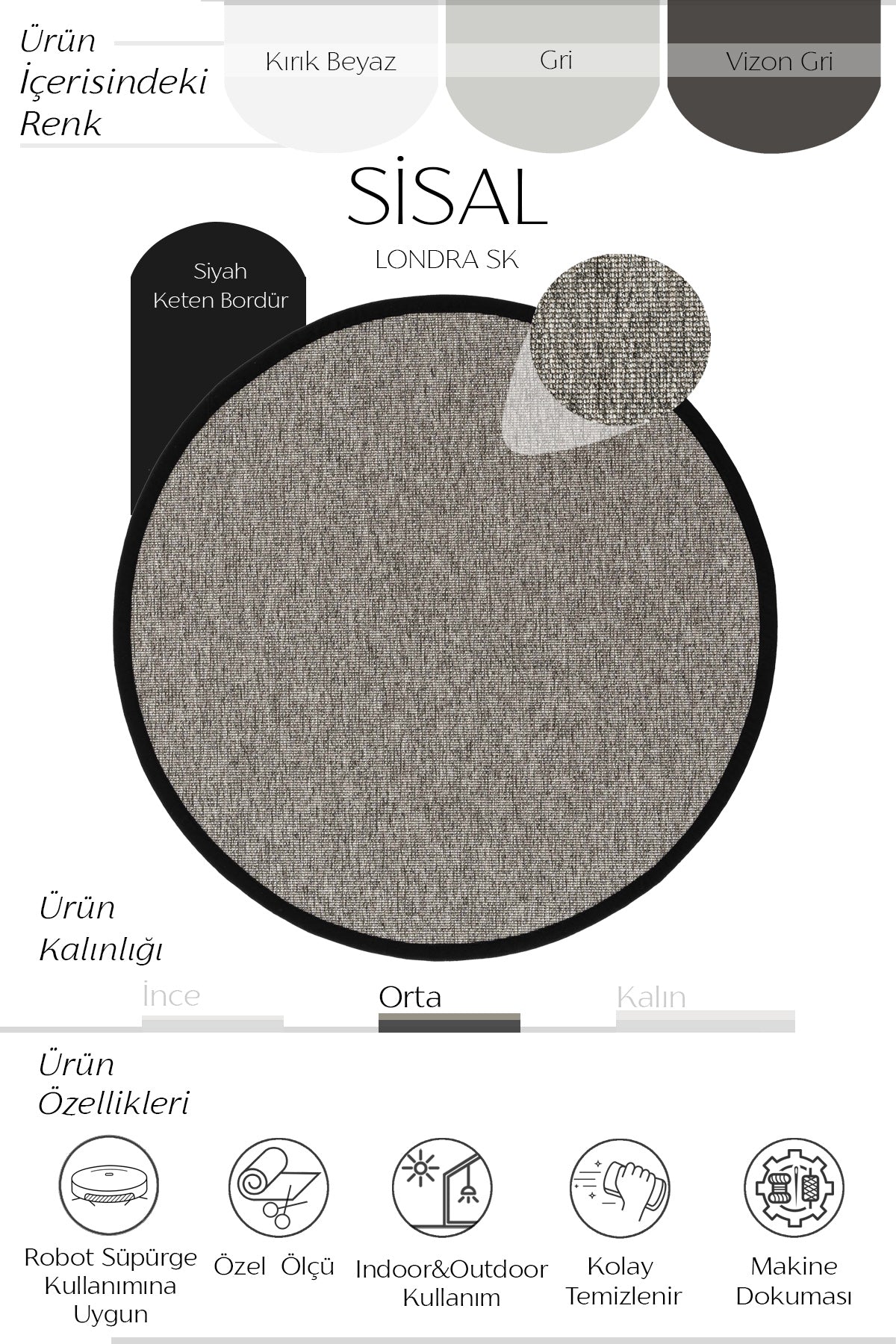 Sisalart Londra Keten Monterey Bordür Yuvarlak Sisal Halı - Sisal Halı
