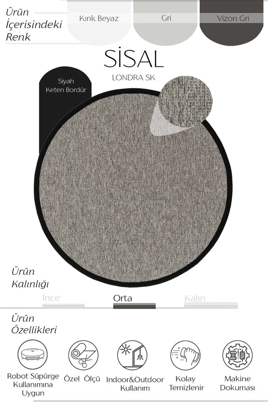 Sisalart Londra Keten Monterey Bordür Yuvarlak Sisal Halı - Sisal Halı