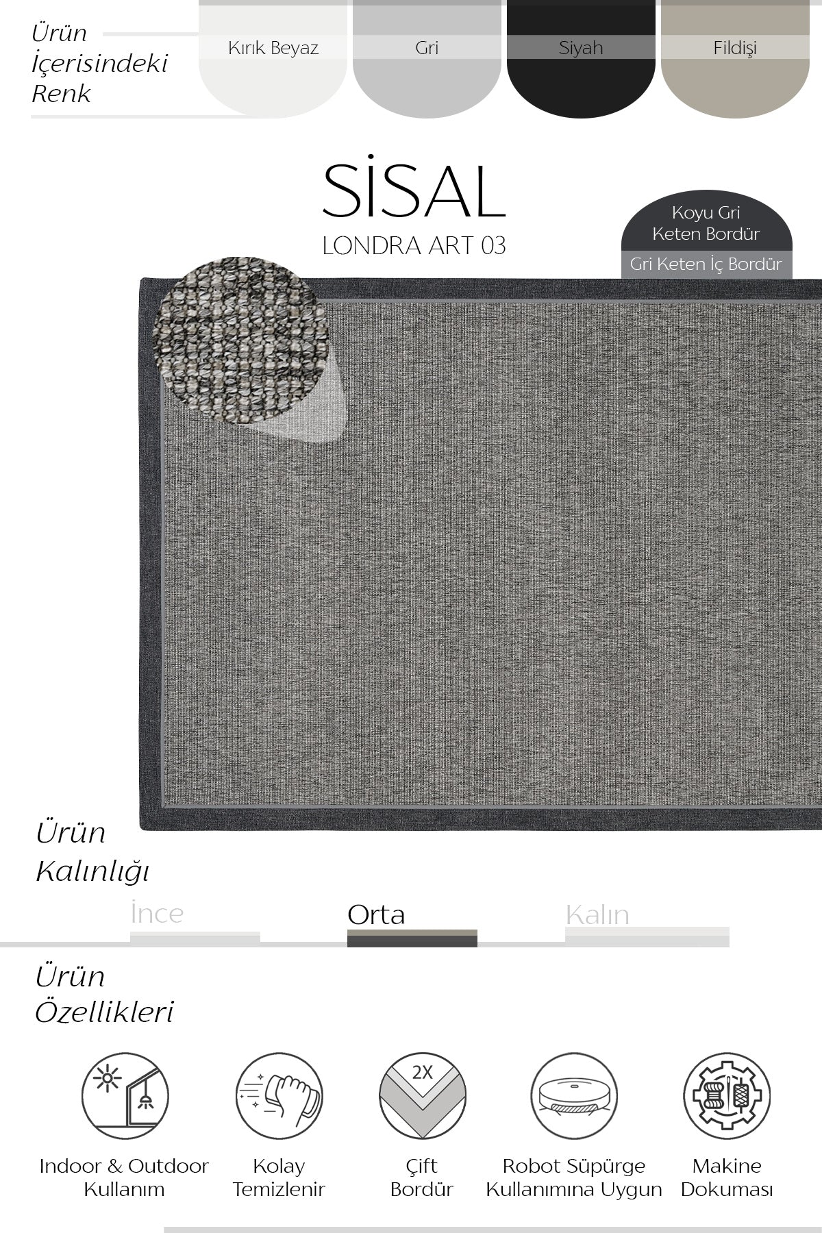 Sisalart Londra Keten Napoli Çift Bordür Sisal Halı - Sisal Halı