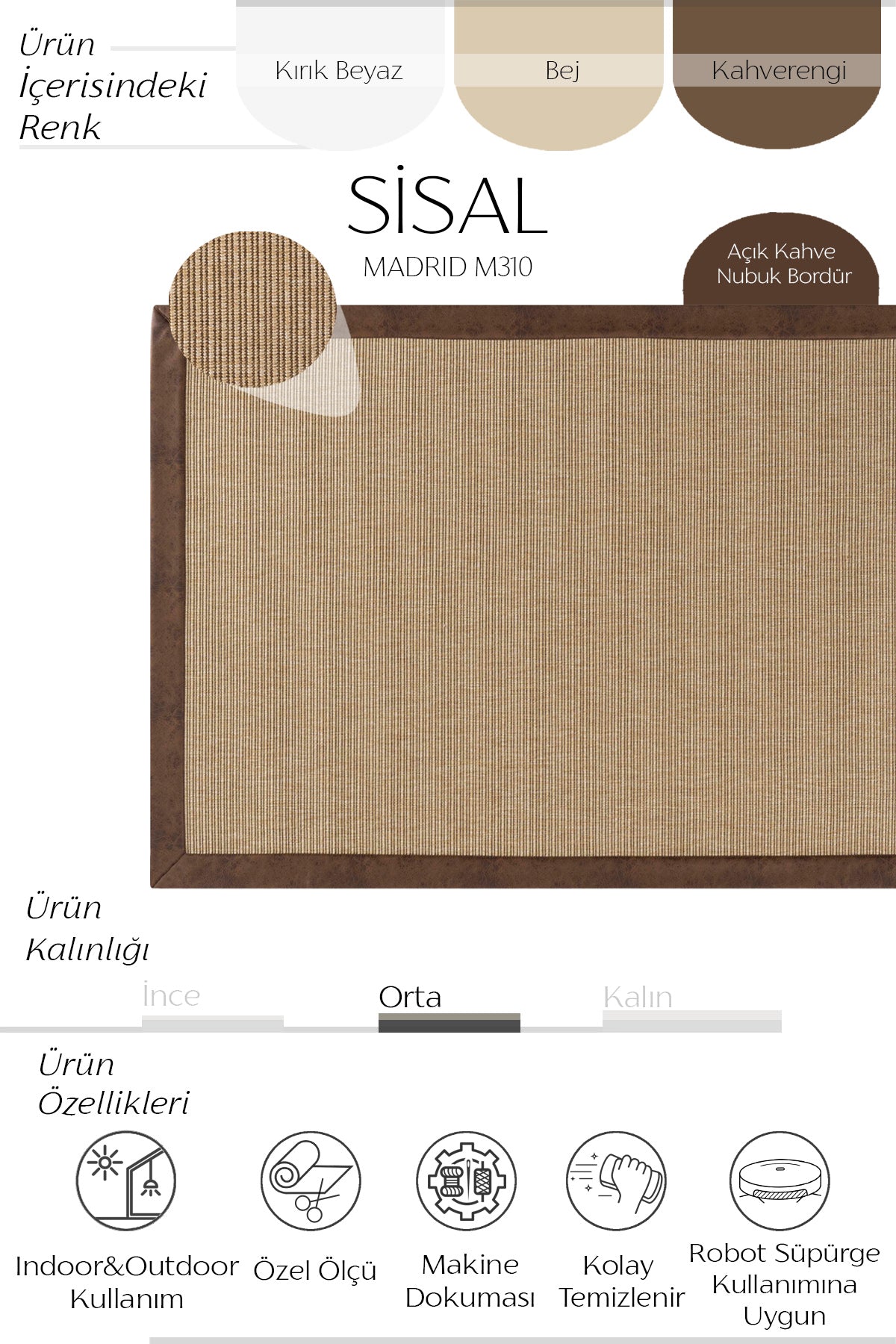 Sisalart Madrid Deri Medusa Bordür Sisal Halı - Sisal Halı