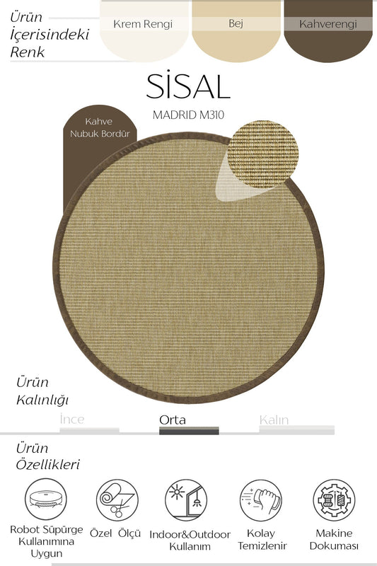 Sisalart Madrid Deri Medusa Bordür Yuvarlak Sisal Halı - Sisal Halı