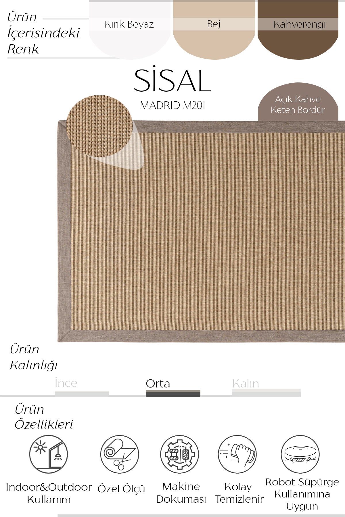 Sisalart Madrid Keten Monterey Bordür Sisal Halı - Sisal Halı