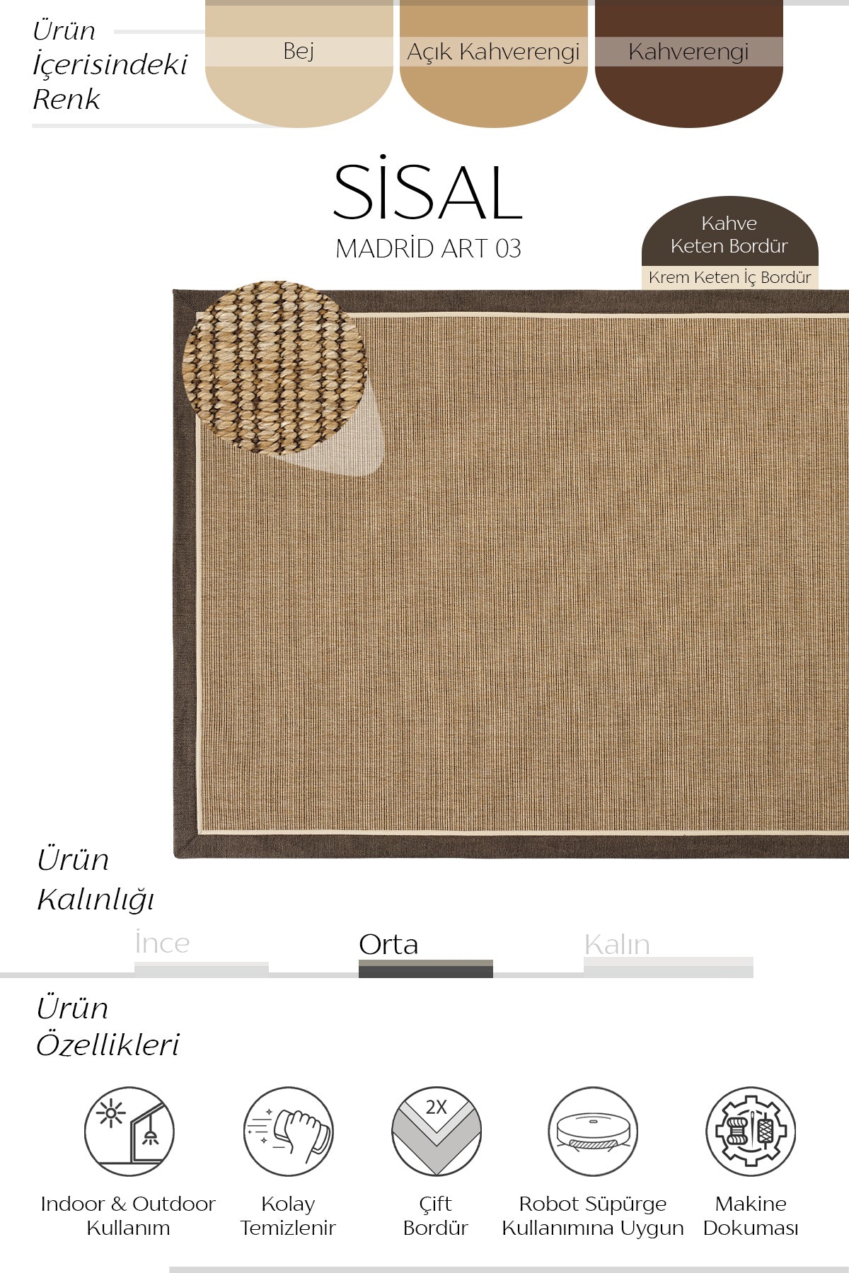 Sisalart Madrid Keten Napoli Çift Bordür Sisal Halı - Sisal Halı