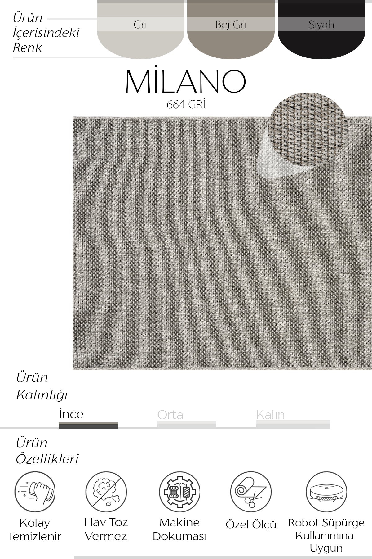 Sisalart Milano 664 Gri Sisal Halı - Sisal Halı