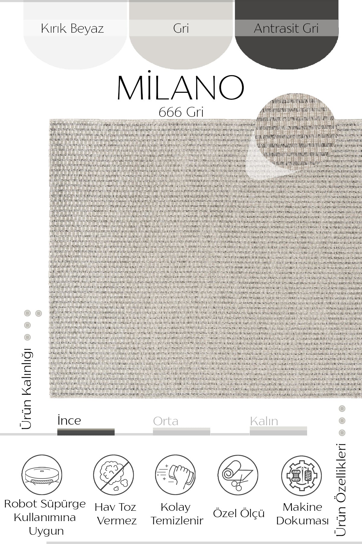 Sisalart Milano 666 Gri Sisal Halı - Sisal Halı