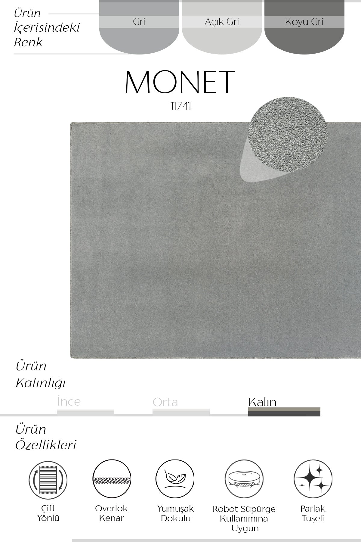 Sisalart Monet 11741 Gri Sade Halı - Sisal Halı