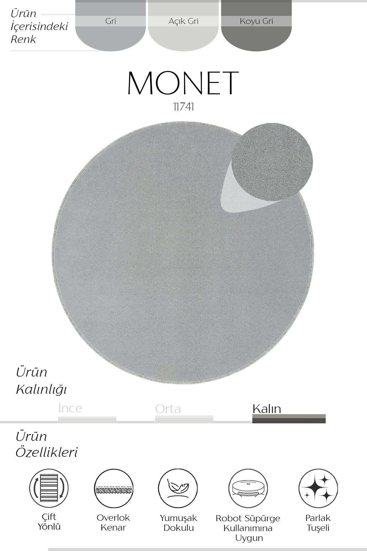 Sisalart Monet 11741 Gri Sade Yuvarlak Halı - Sisal Halı