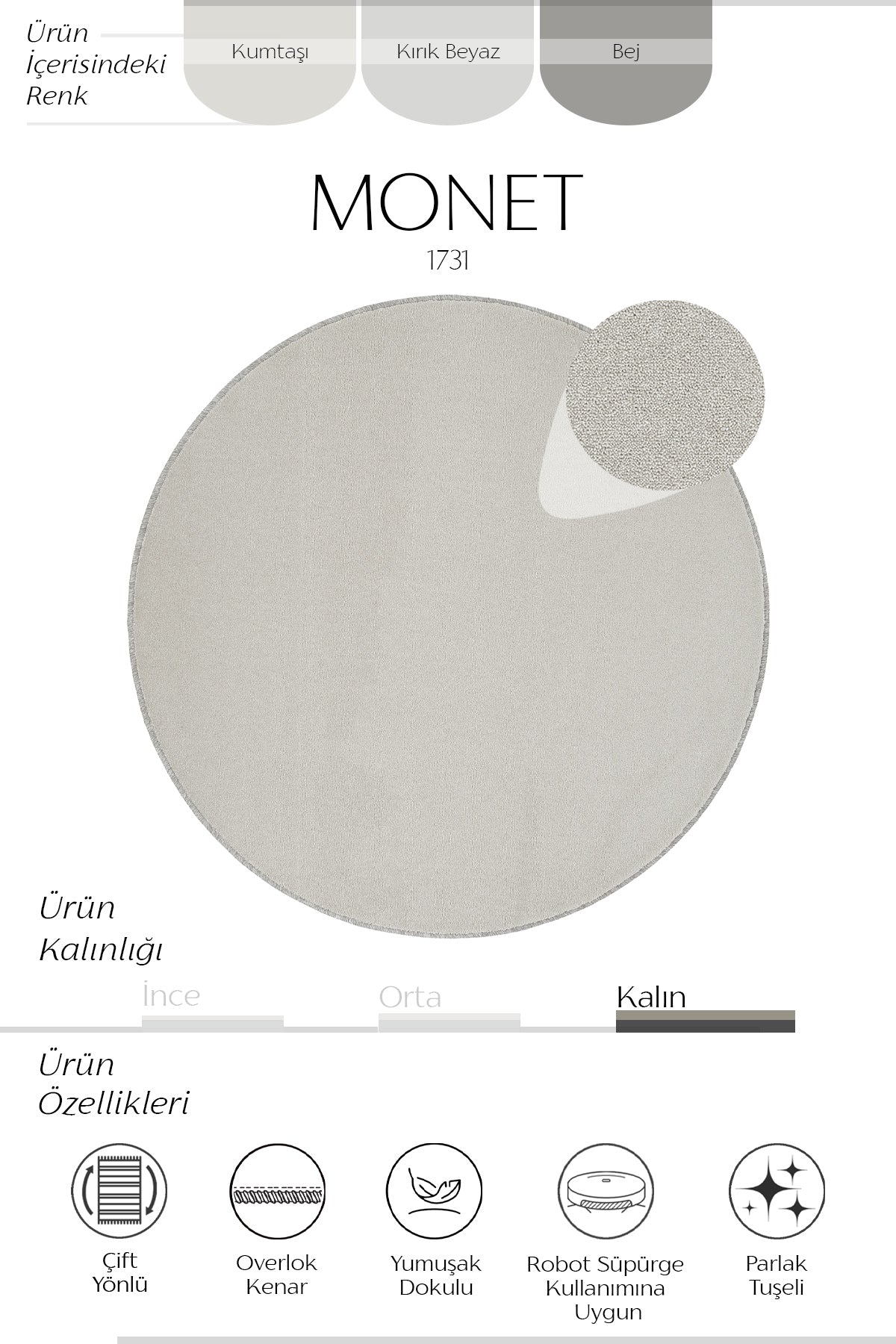 Sisalart Monet 1731 Gri Sade Yuvarlak Halı - Sisal Halı
