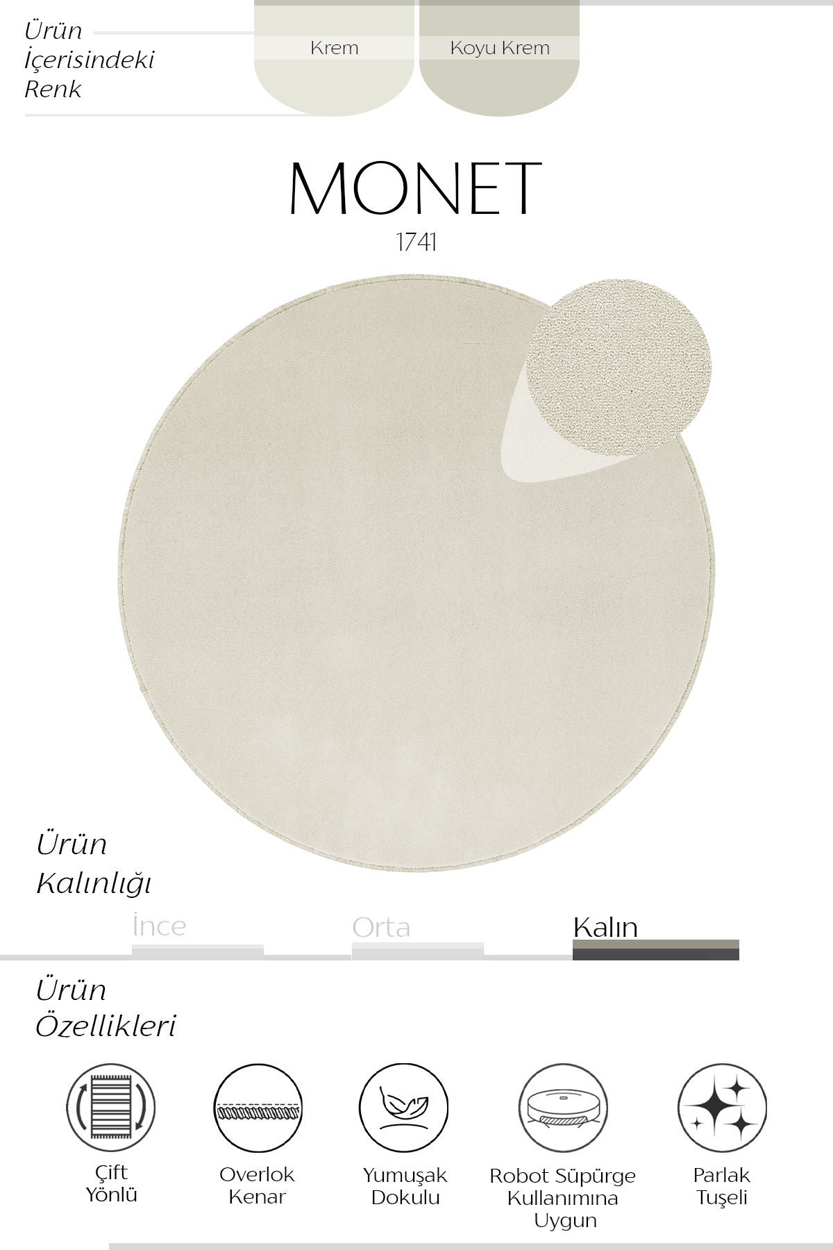 Sisalart Monet 1741 Krem Sade Yuvarlak Halı - Sisal Halı