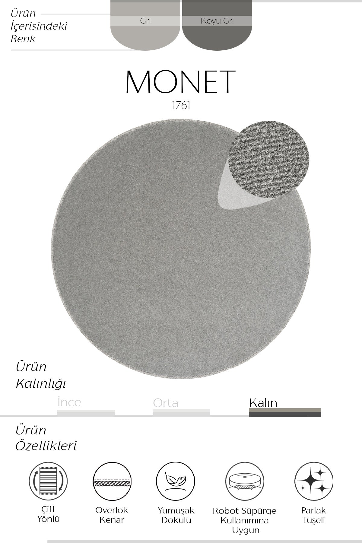 Sisalart Monet 1761 Koyu Gri Sade Yuvarlak Halı - Sisal Halı