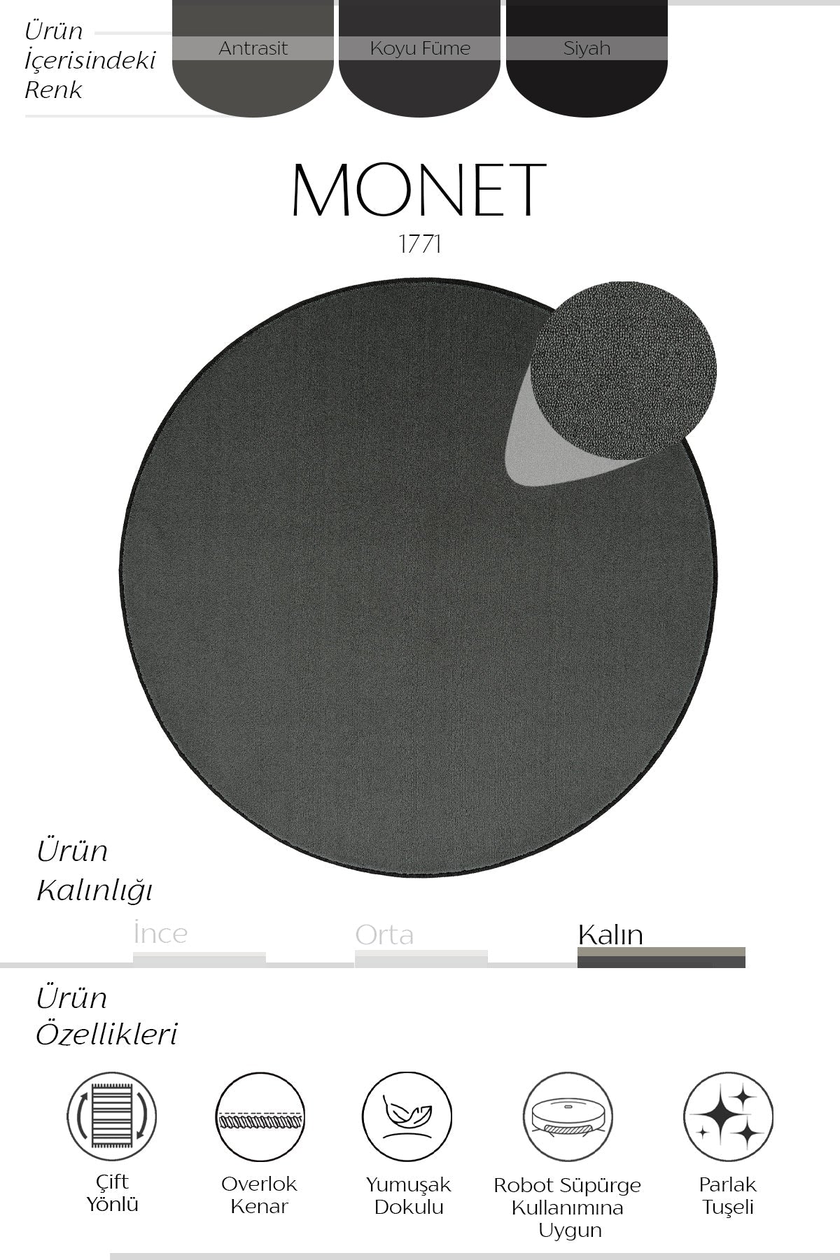Sisalart Monet 1771 Antrasit Gri Sade Yuvarlak Halı - Sisal Halı