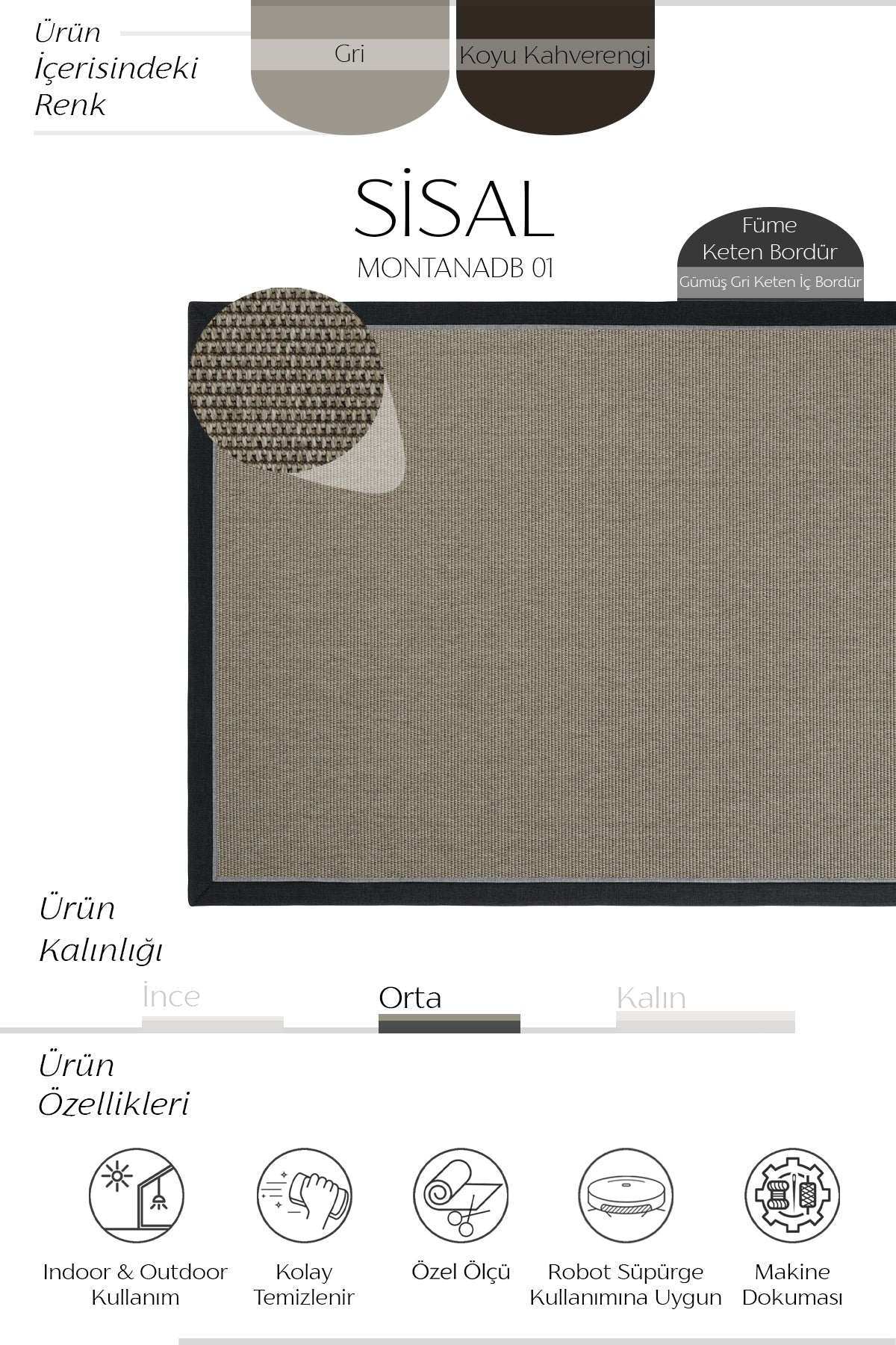 Sisalart Montana Keten Monterey Çift Bordür Sisal Halı - Sisal Halı