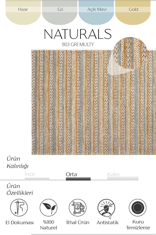 Sisalart Naturals 1103 Gri Multi Doğal Jüt Örgü Halı - Sisal Halı