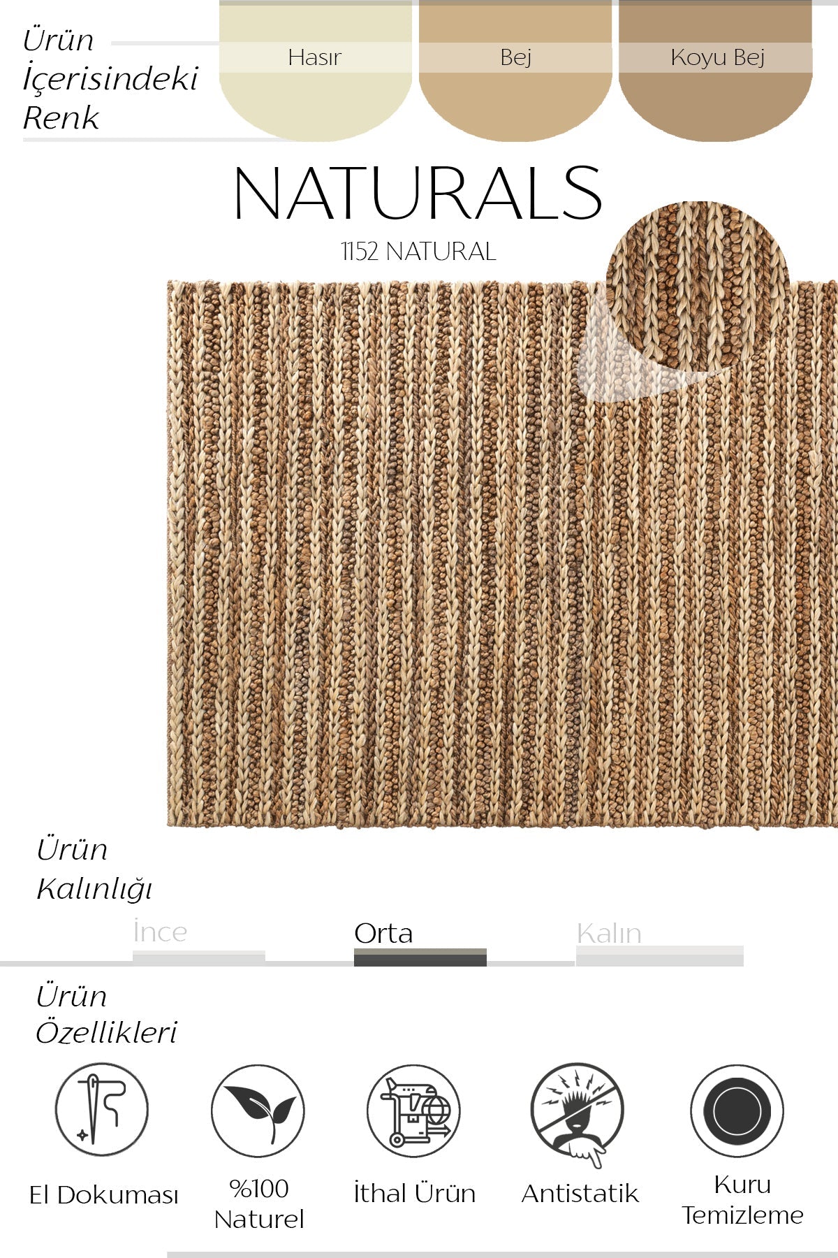 Sisalart Naturals 1152 Natural Doğal Jüt Örgü Halı - Sisal Halı