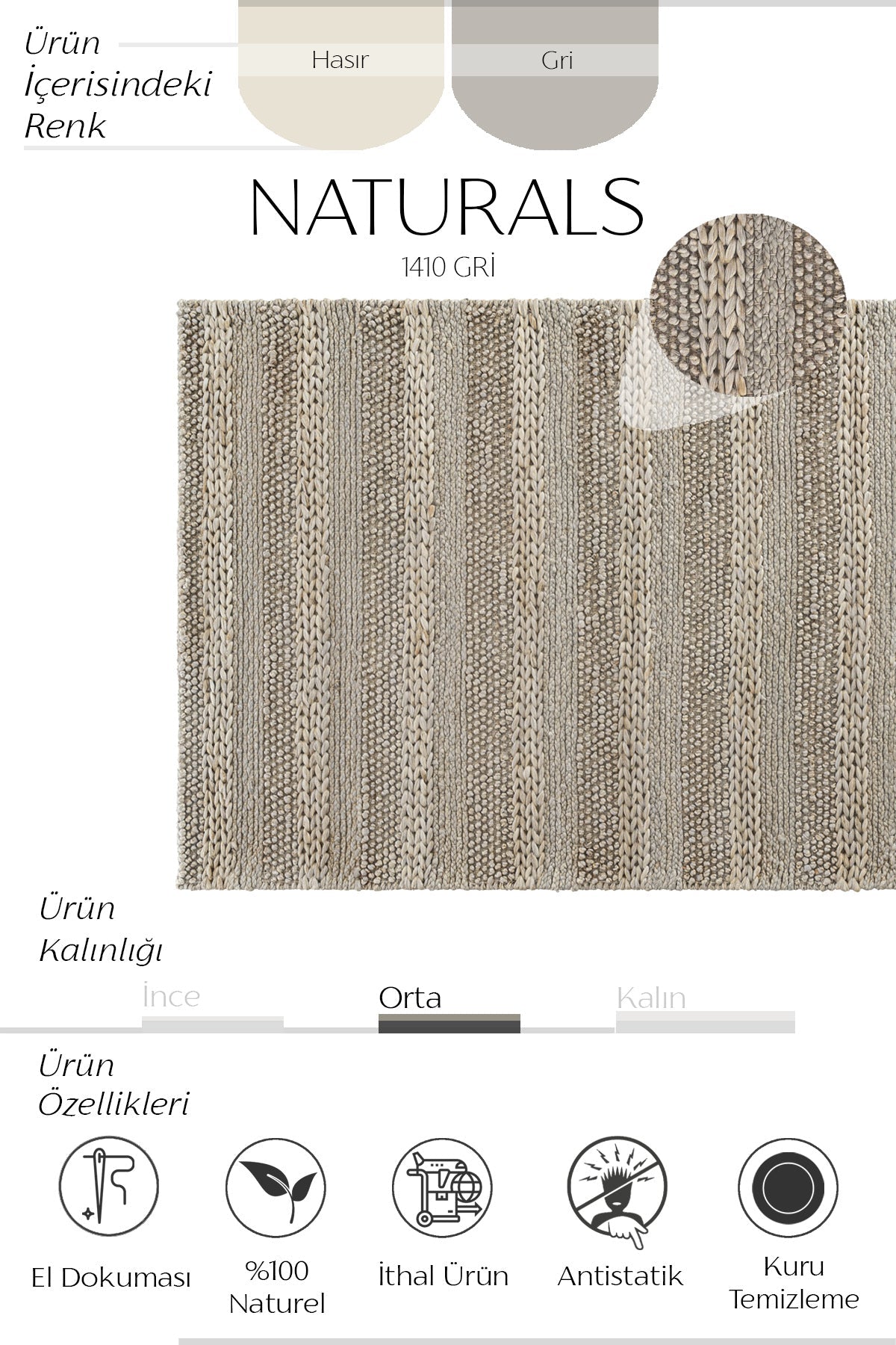 Sisalart Naturals 1410 Silver Doğal Jüt Örgü Halı - Sisal Halı