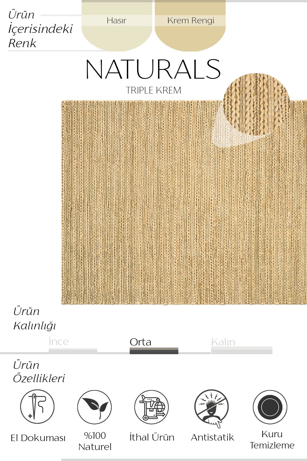 Sisalart Naturals Triple Krem Doğal Jüt Örgü Halı - Sisal Halı