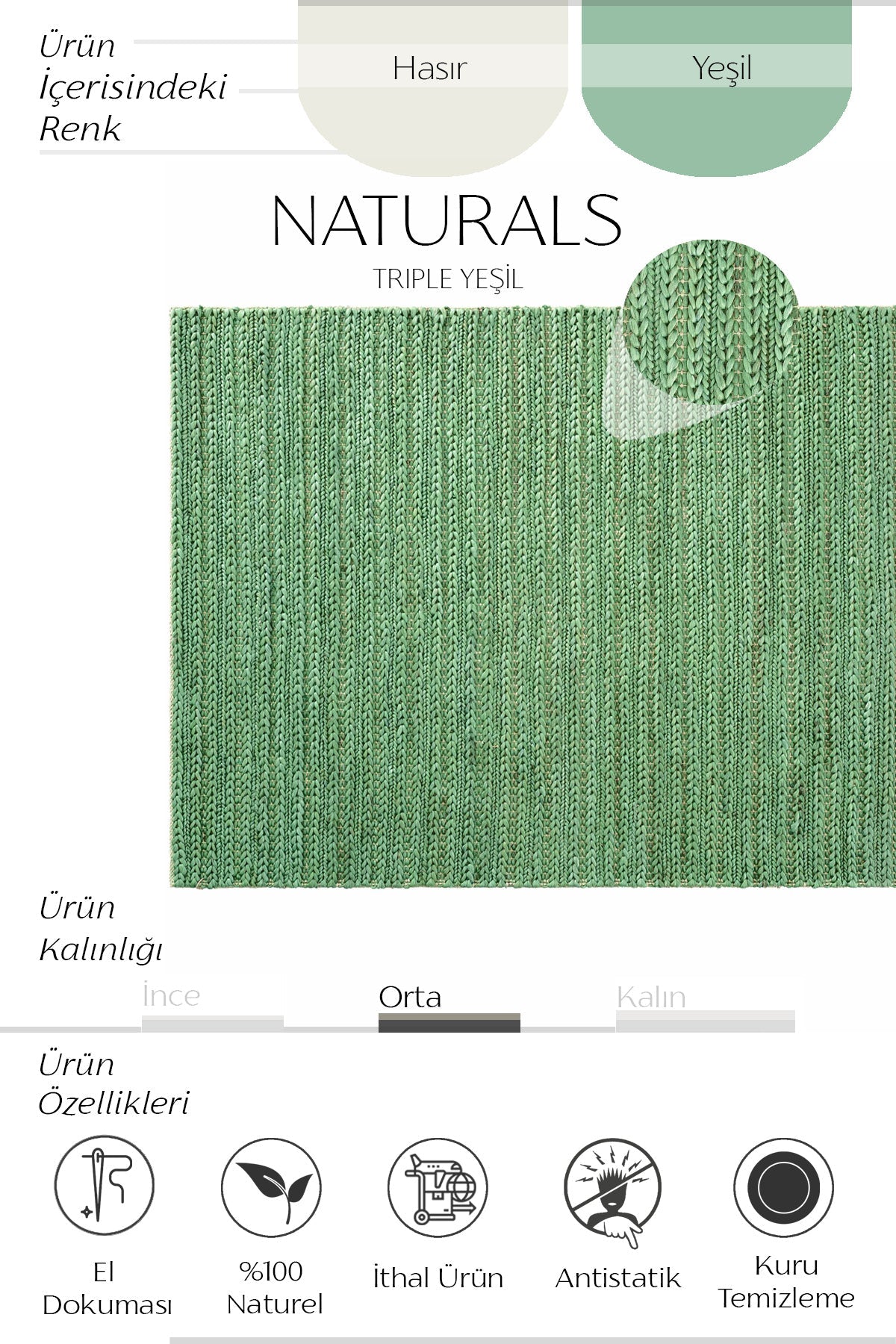 Sisalart Naturals Triple Yeşil Doğal Jüt Örgü Halı - Sisal Halı