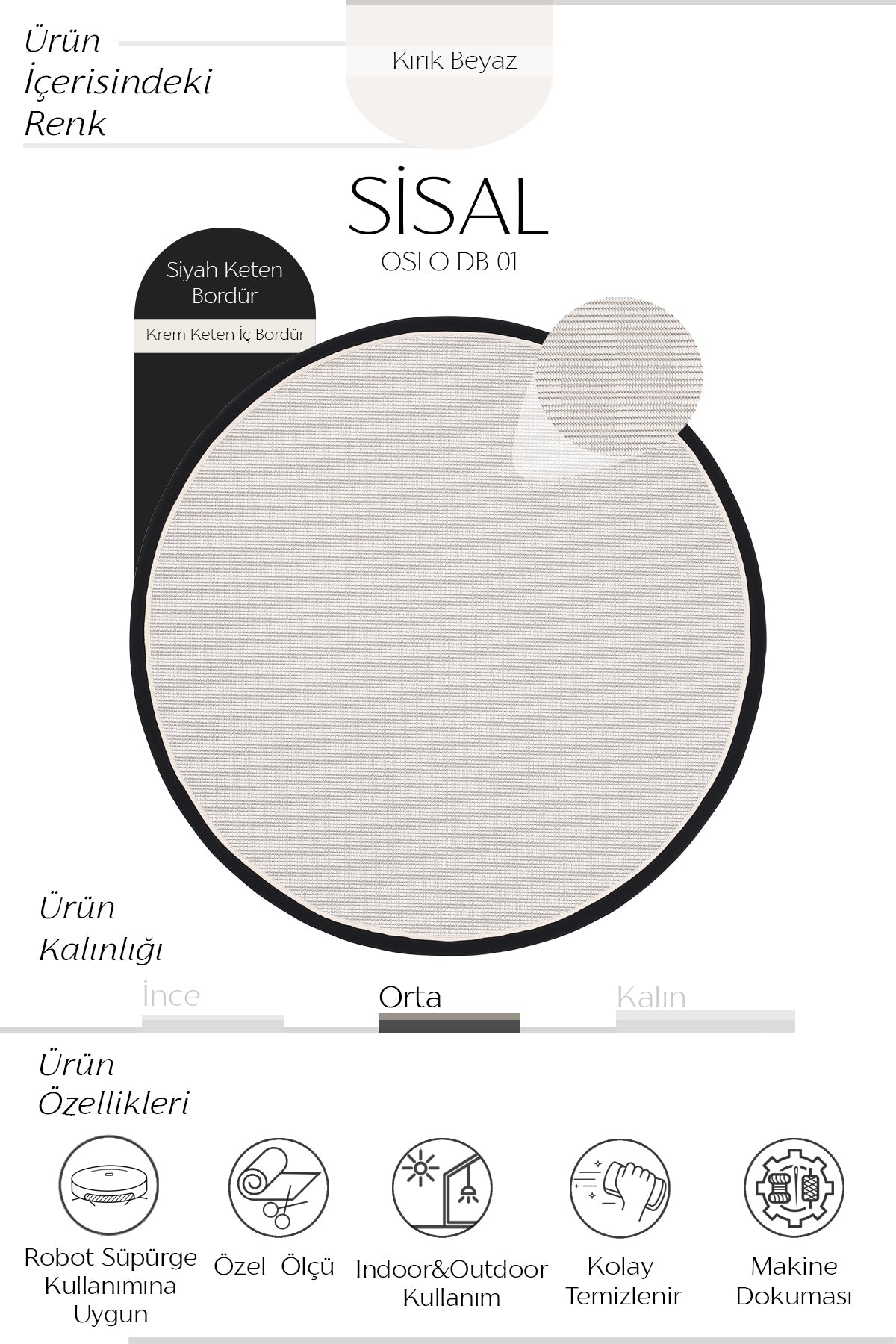 Sisalart Oslo Keten Monterey Çift Bordür Yuvarlak Sisal Halı - Sisal Halı