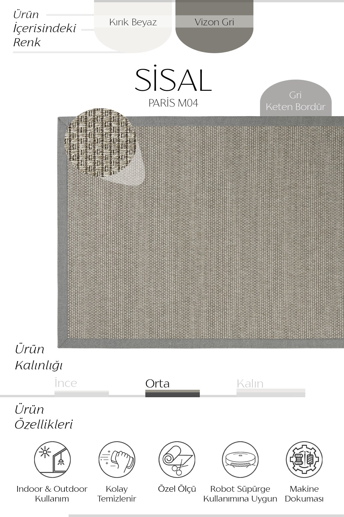 Sisalart Paris Keten Monterey Bordür Sisal Halı - Sisal Halı