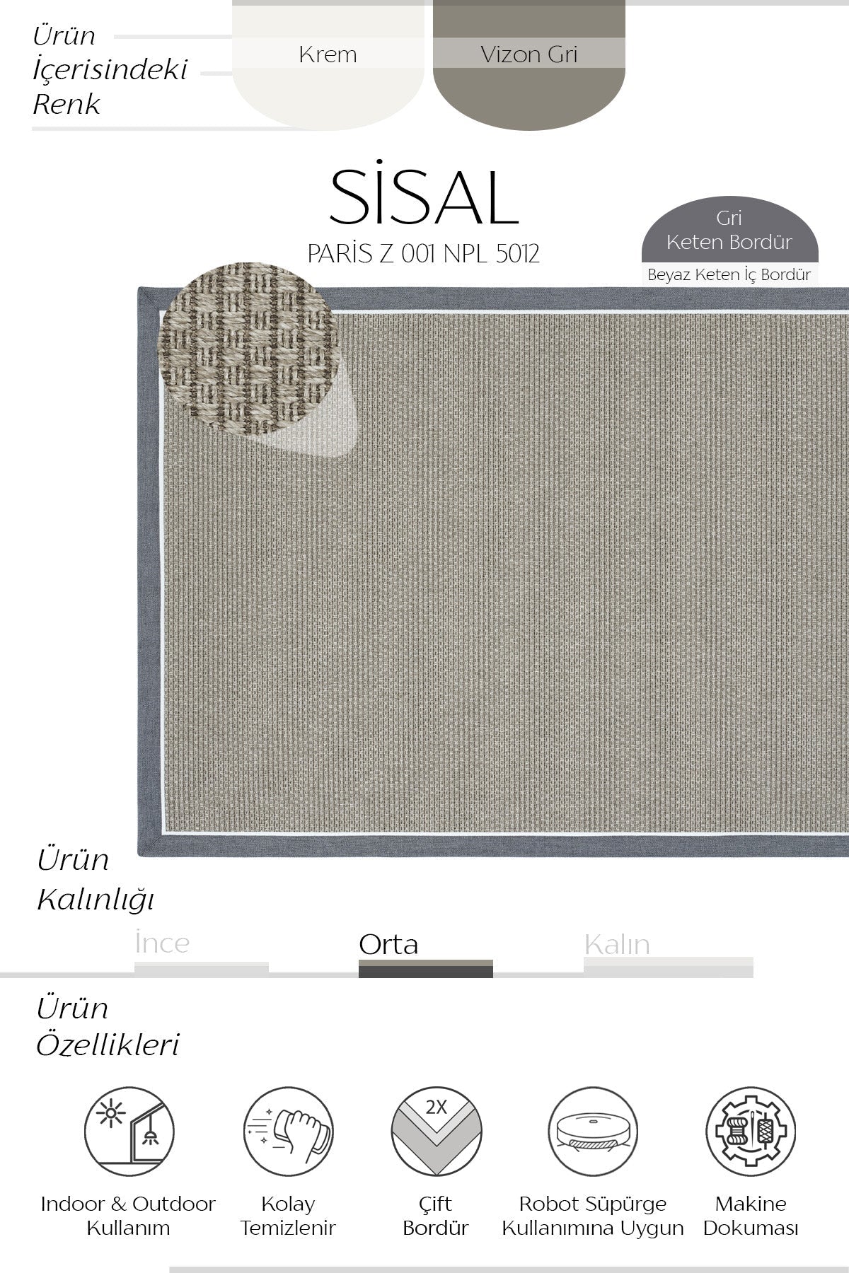 Sisalart Paris Keten Napoli Çift Bordür Sisal Halı - Sisal Halı