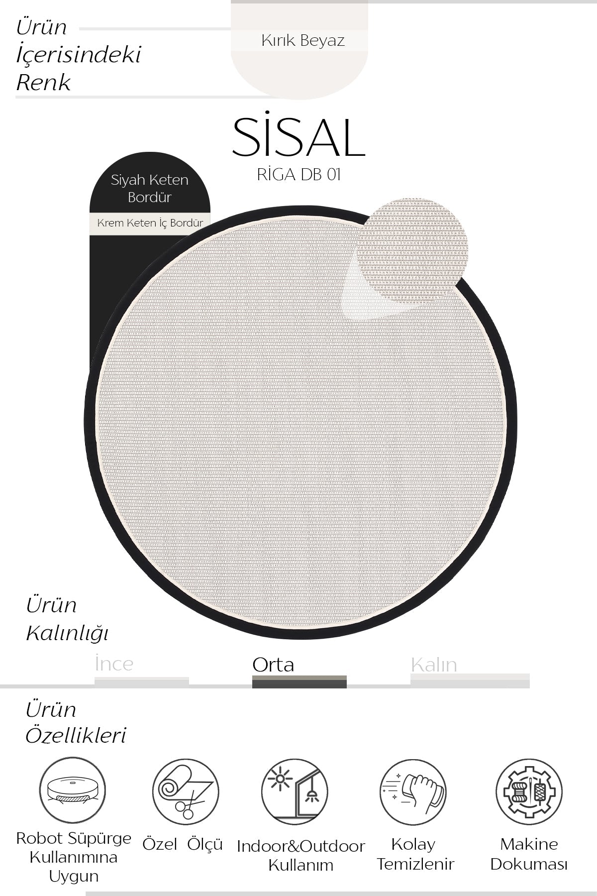 Sisalart Riga Keten Monterey Çift Bordür Yuvarlak Sisal Halı - Sisal Halı