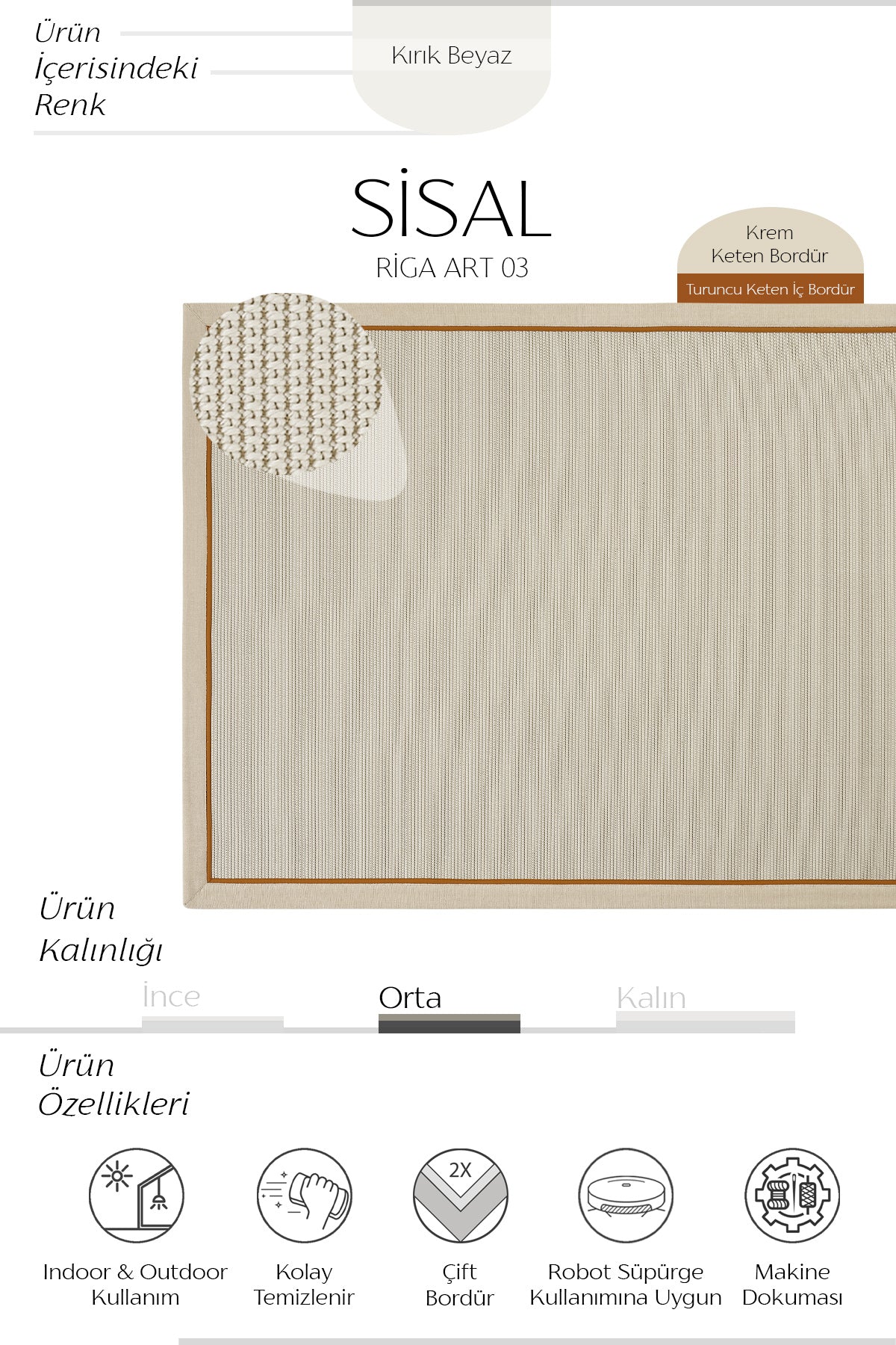 Sisalart Riga Keten Napoli Çift Bordür Sisal Halı - Sisal Halı